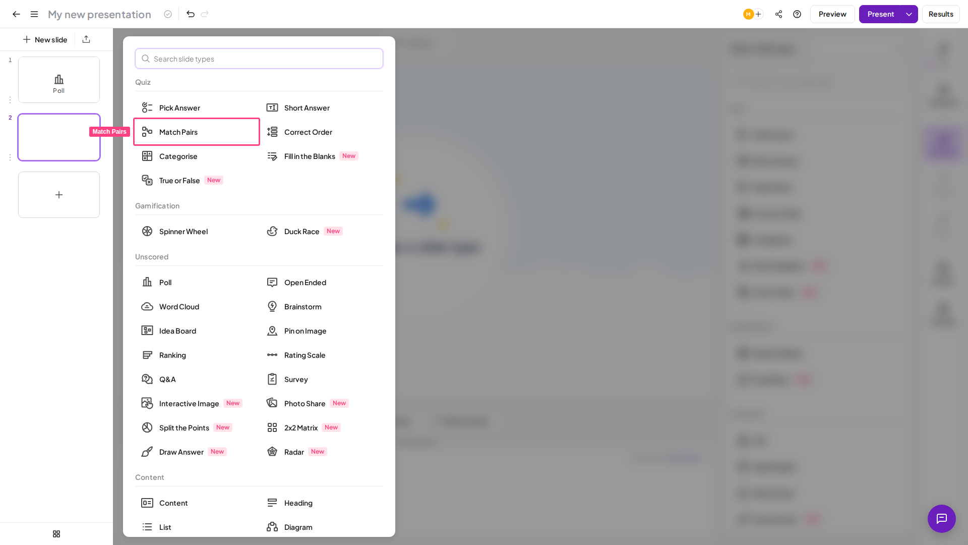 Tipo de diapositiva Match Pairs de AhaSlides resaltado en el selector de tipos de diapositiva