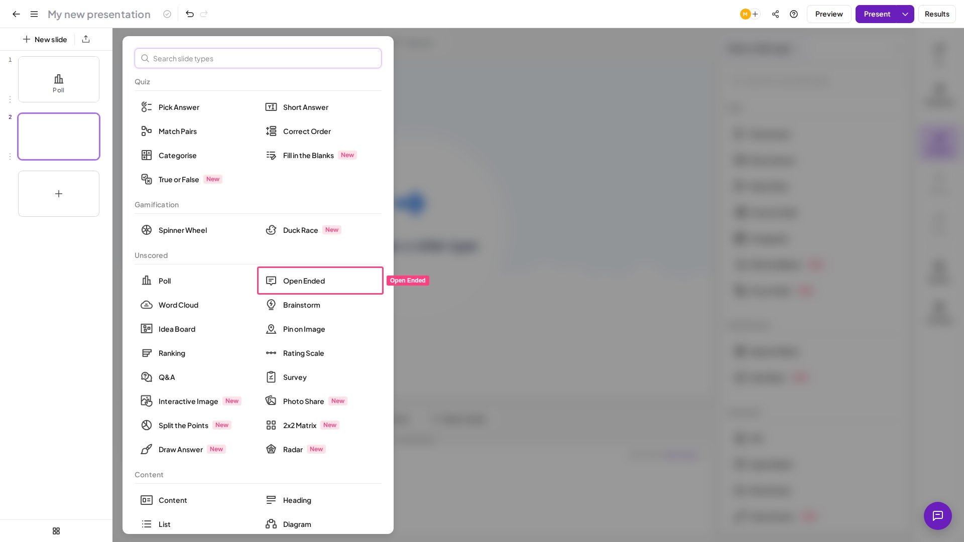 El tipo de diapositiva Open Ended de AhaSlides resaltado en el selector de tipos de diapositiva