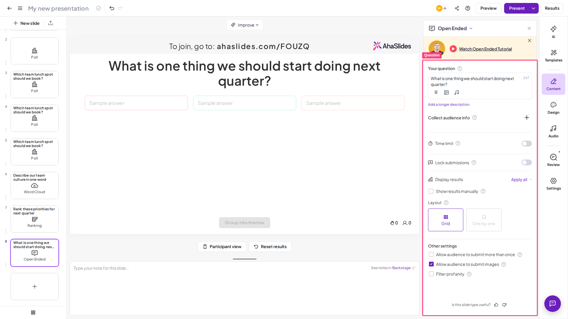 Слайд Open Ended в редакторе AhaSlides с вопросом на панели Content