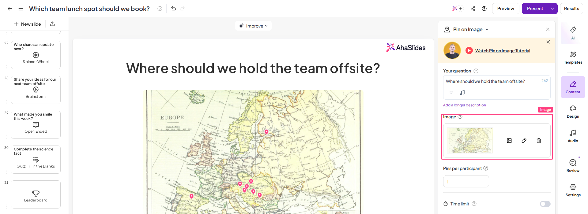 Una diapositiva Pin on Image en el editor de AhaSlides con un mapa de Europa subido y el ajuste Imagen resaltado