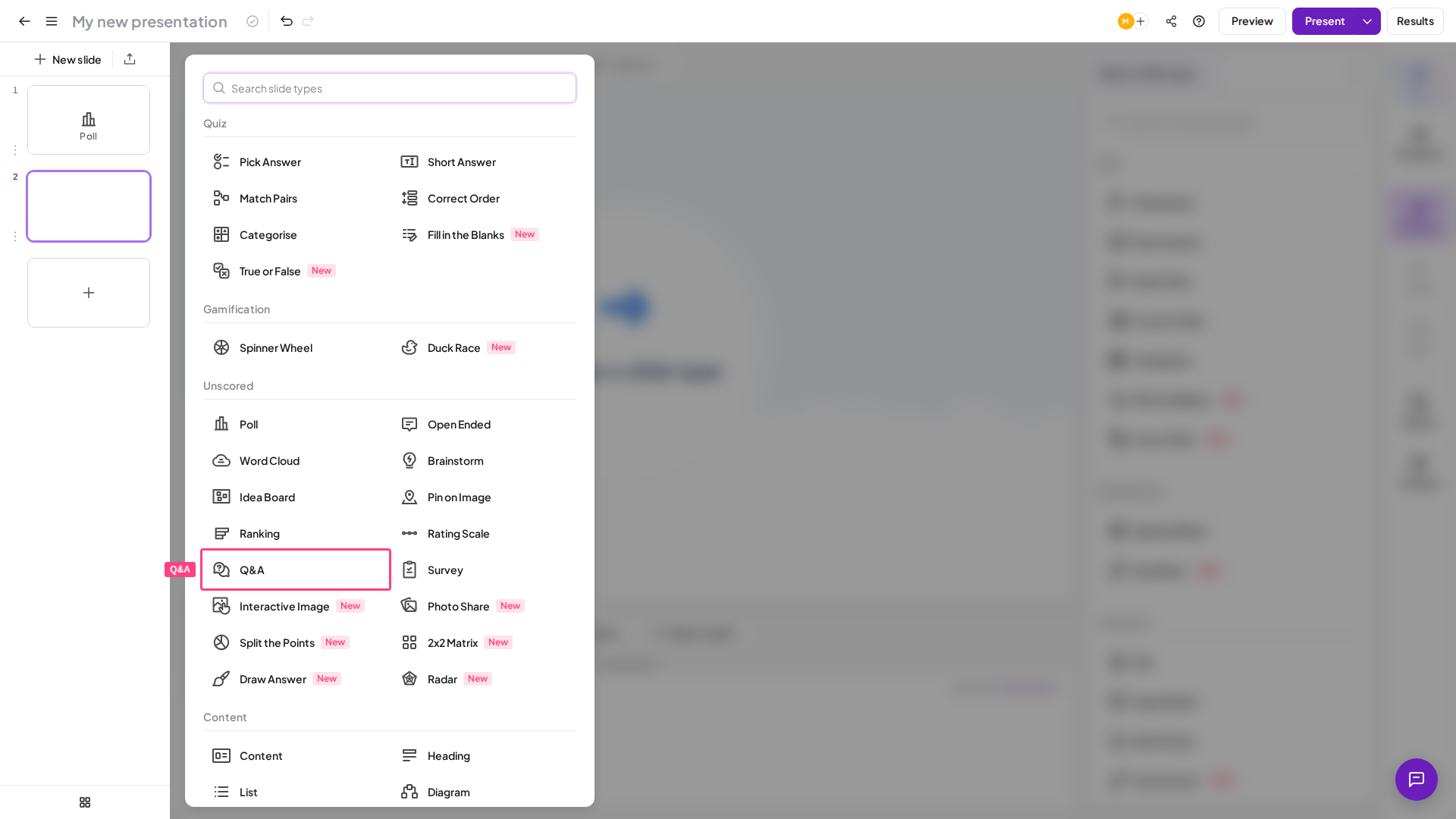 Tipo de diapositiva Q&A de AhaSlides resaltado en el selector de tipos de diapositiva