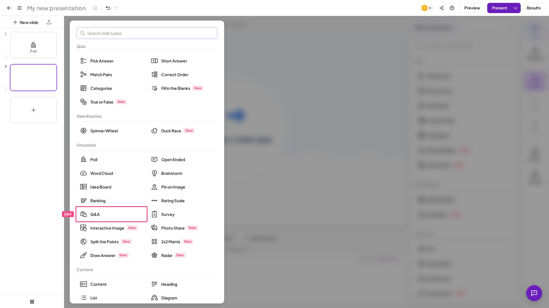 Tipo de diapositiva Q&A de AhaSlides resaltado en el selector de tipos de diapositiva