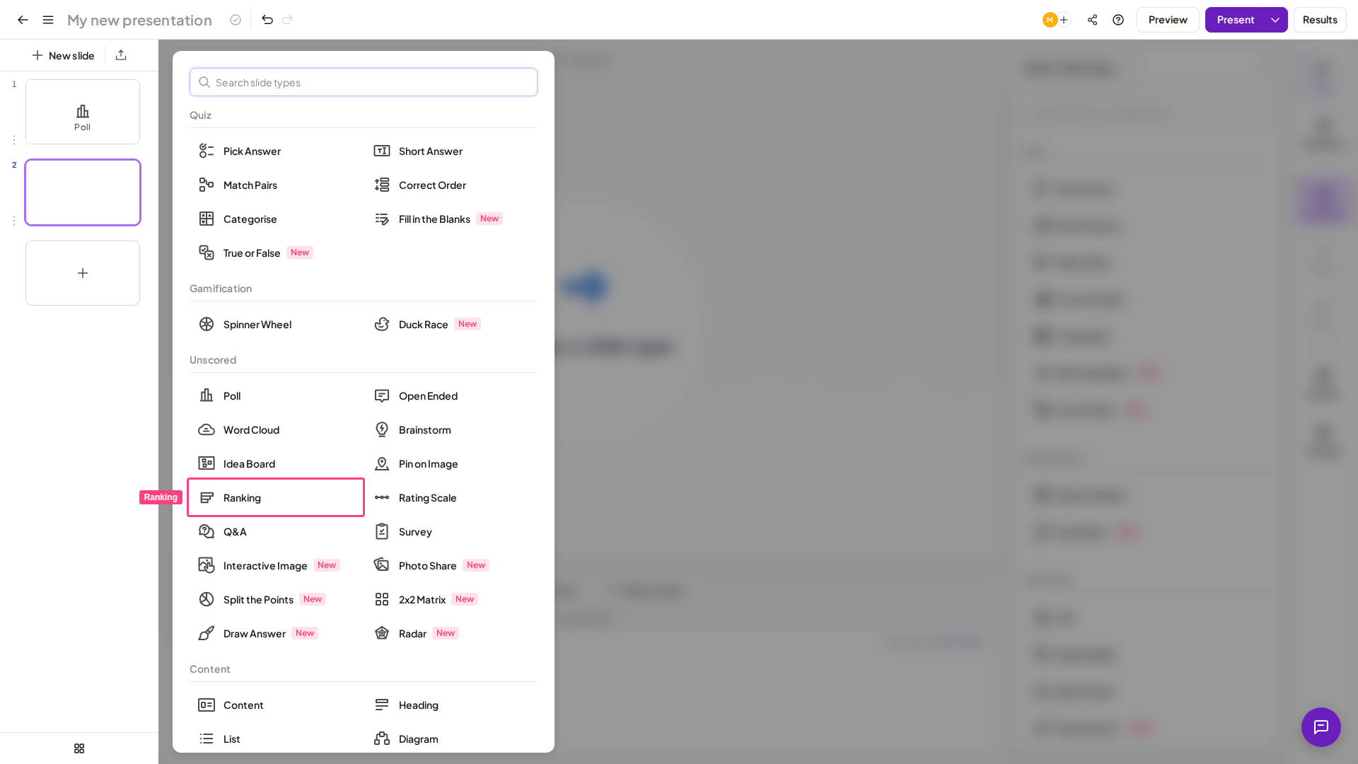 Tipo de diapositiva Ranking de AhaSlides resaltado en el selector de tipos de diapositiva