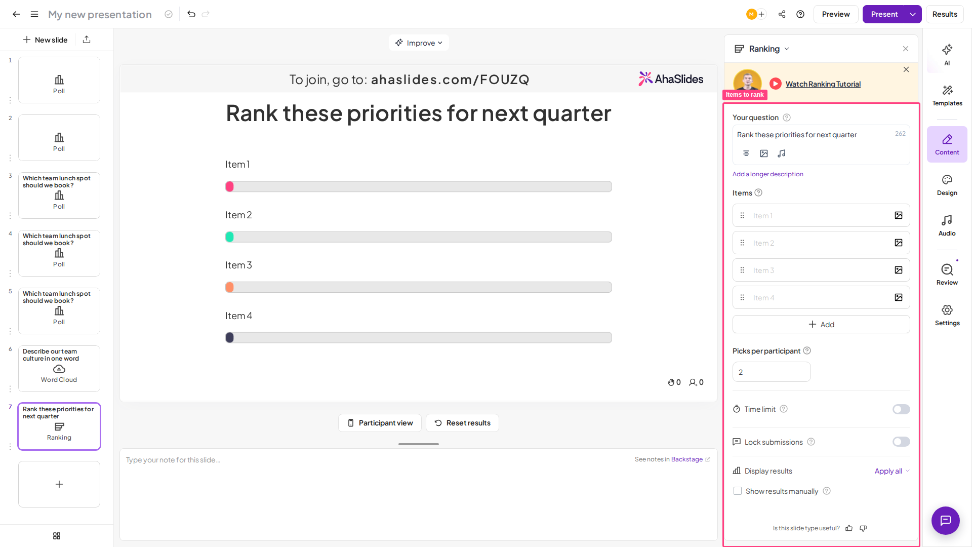 Diapositiva Ranking de AhaSlides en el editor con los elementos para ordenar en el panel Contenido