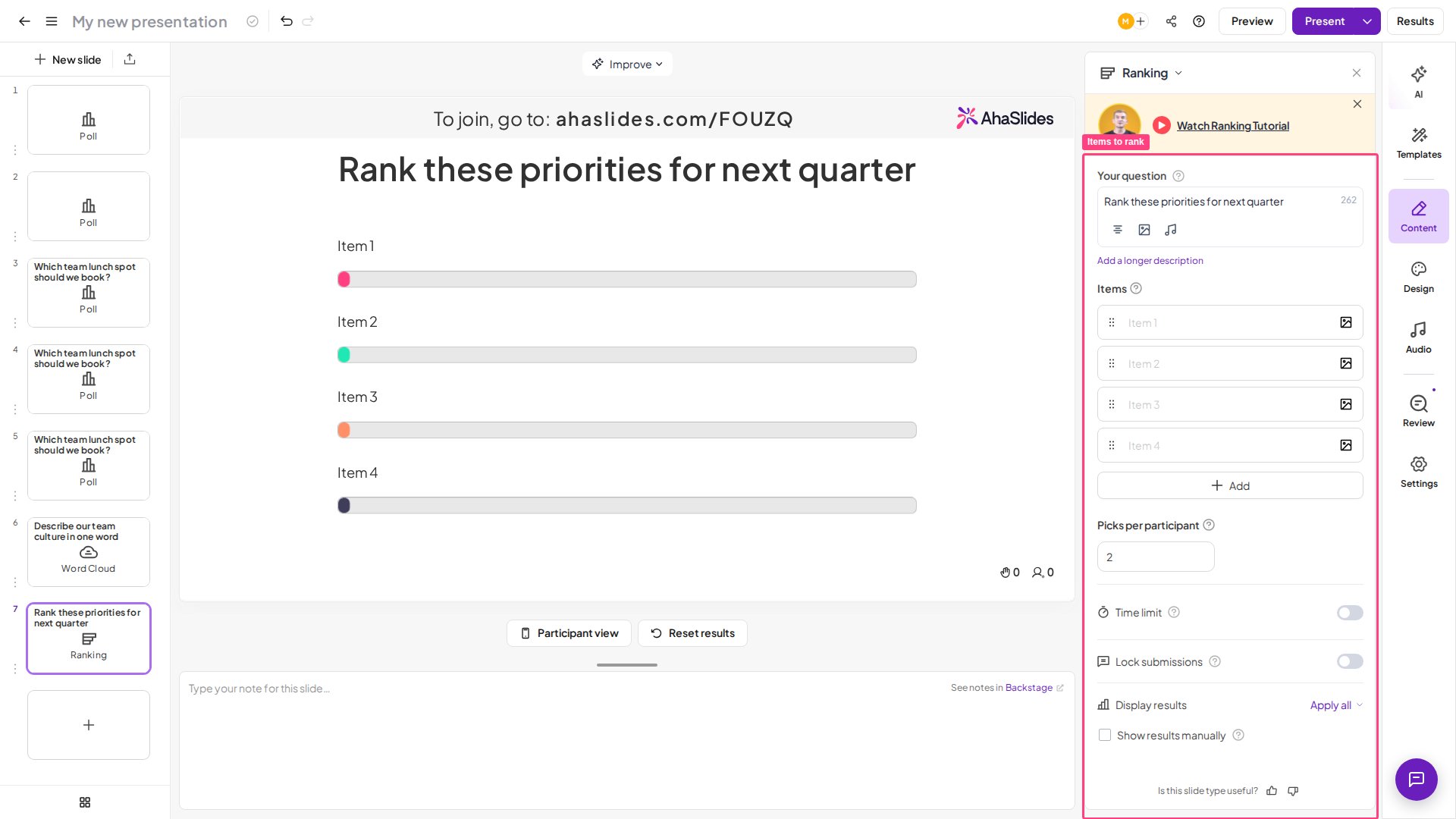 Diapositiva Ranking de AhaSlides en el editor con los elementos para ordenar en el panel Contenido