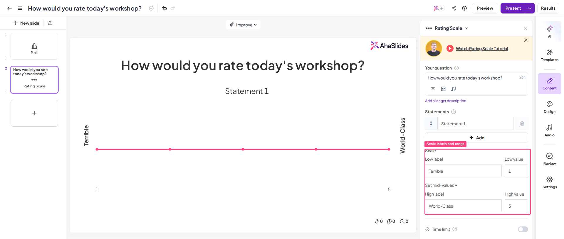 Diapositiva Rating Scale de AhaSlides en el editor con las etiquetas y el rango de la escala resaltados