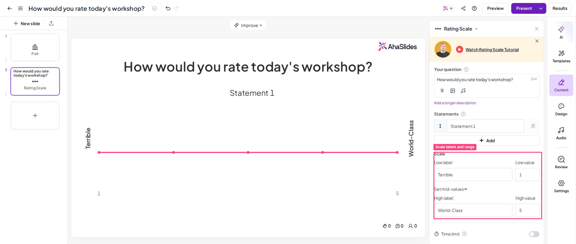 Diapositiva Rating Scale de AhaSlides en el editor con las etiquetas y el rango de la escala resaltados