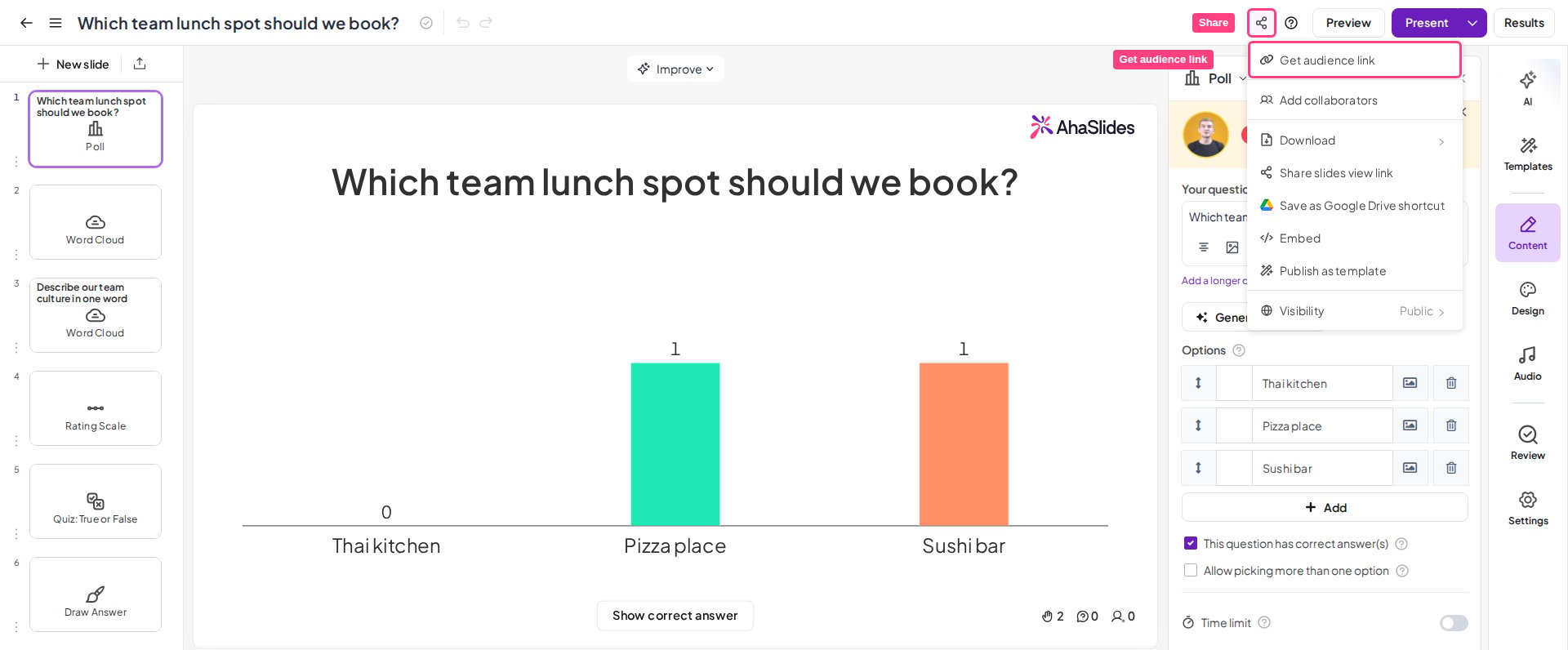 The AhaSlides Share menu with Get audience link highlighted