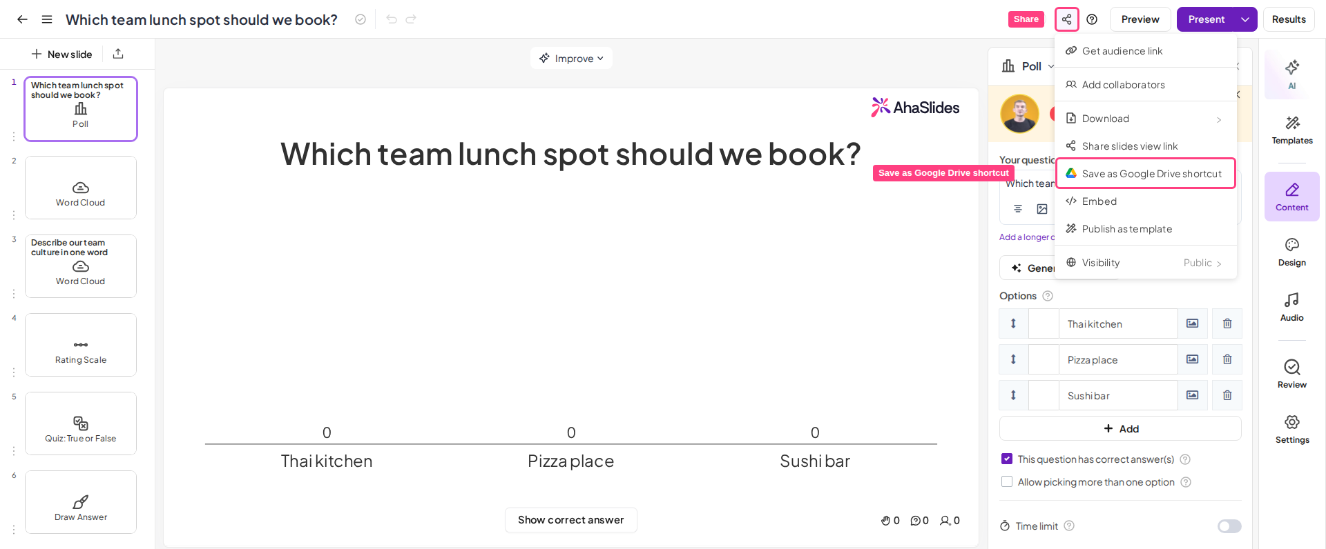El menú Compartir del editor de AhaSlides con la opción Save as Google Drive shortcut resaltada