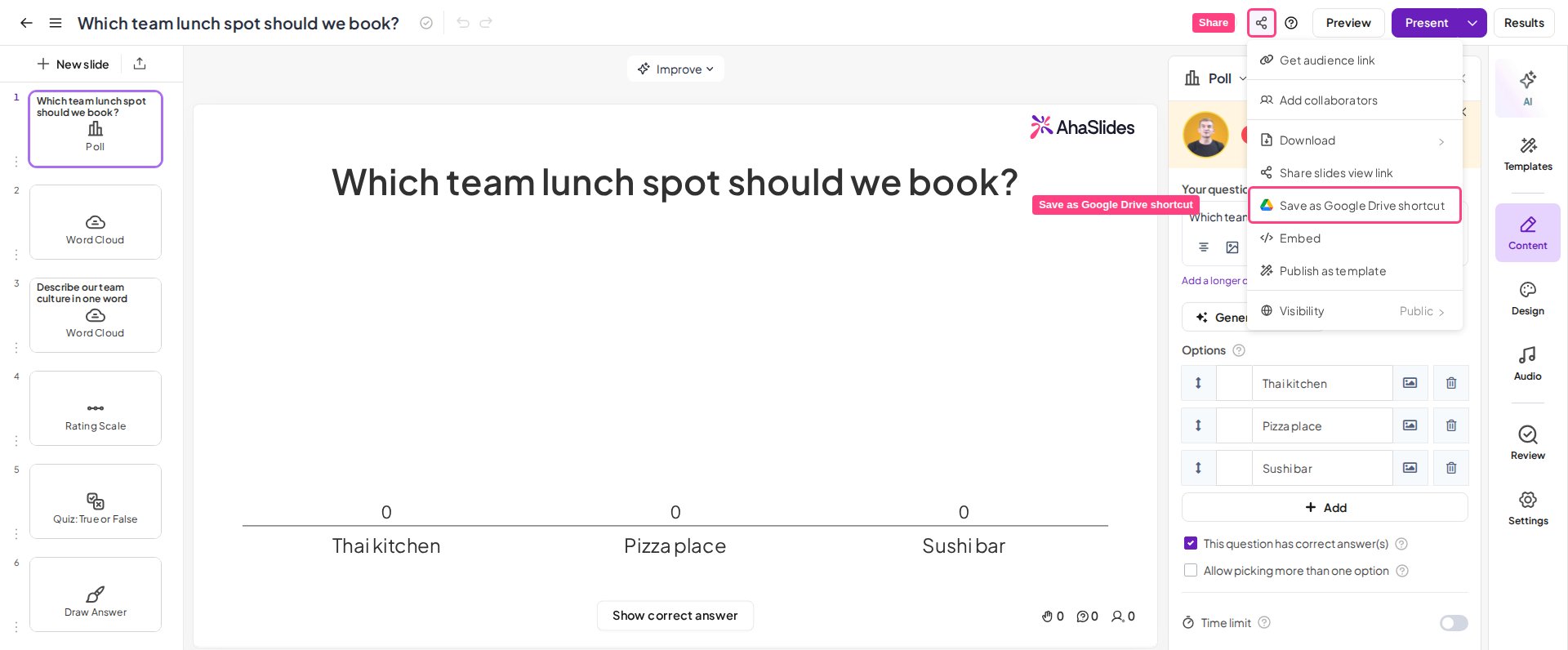 El menú Compartir del editor de AhaSlides con la opción Save as Google Drive shortcut resaltada