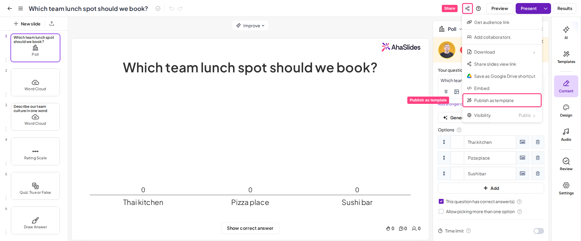 El menú Compartir del editor de AhaSlides con Publicar como plantilla resaltado