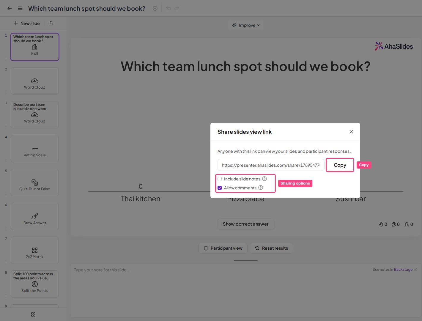 La ventana Compartir enlace de vista de diapositivas en AhaSlides, con Copiar y las opciones de notas de diapositivas y comentarios resaltadas