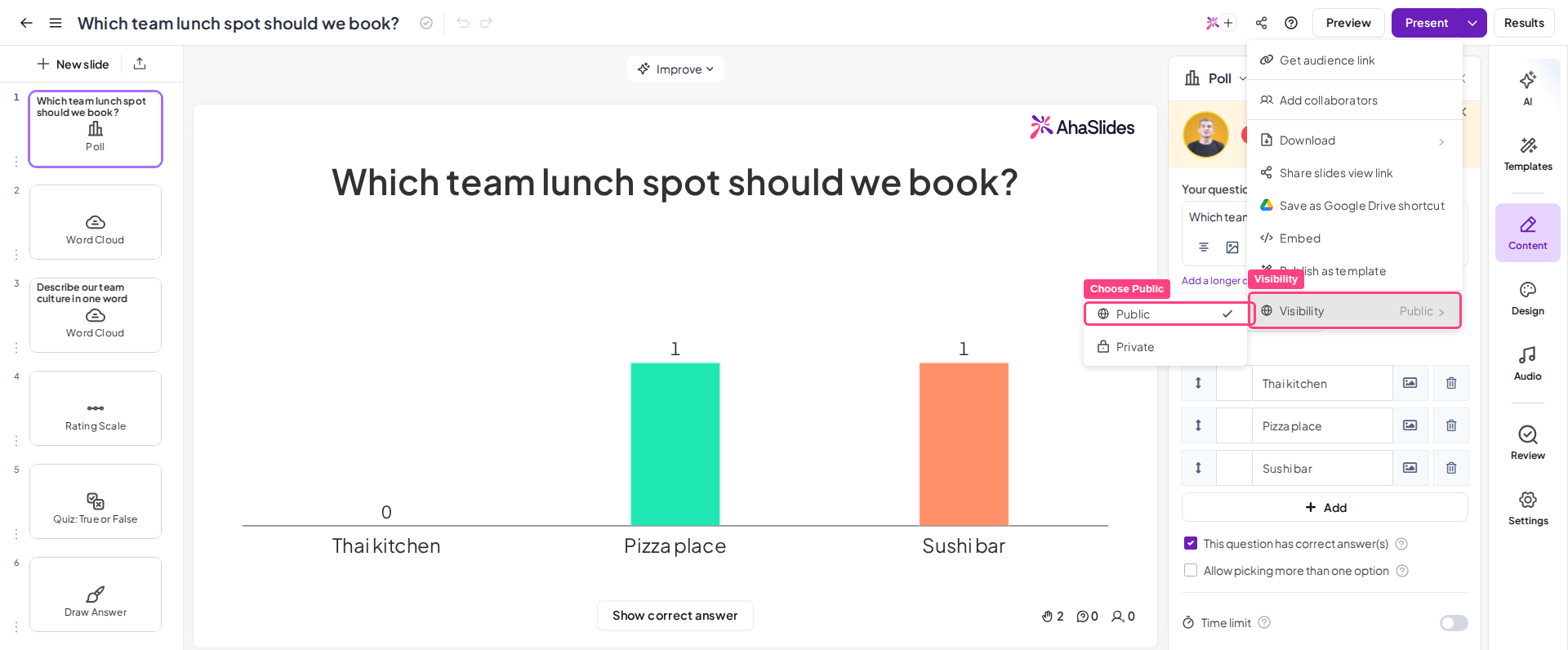The AhaSlides Share menu with Visibility open and Public highlighted