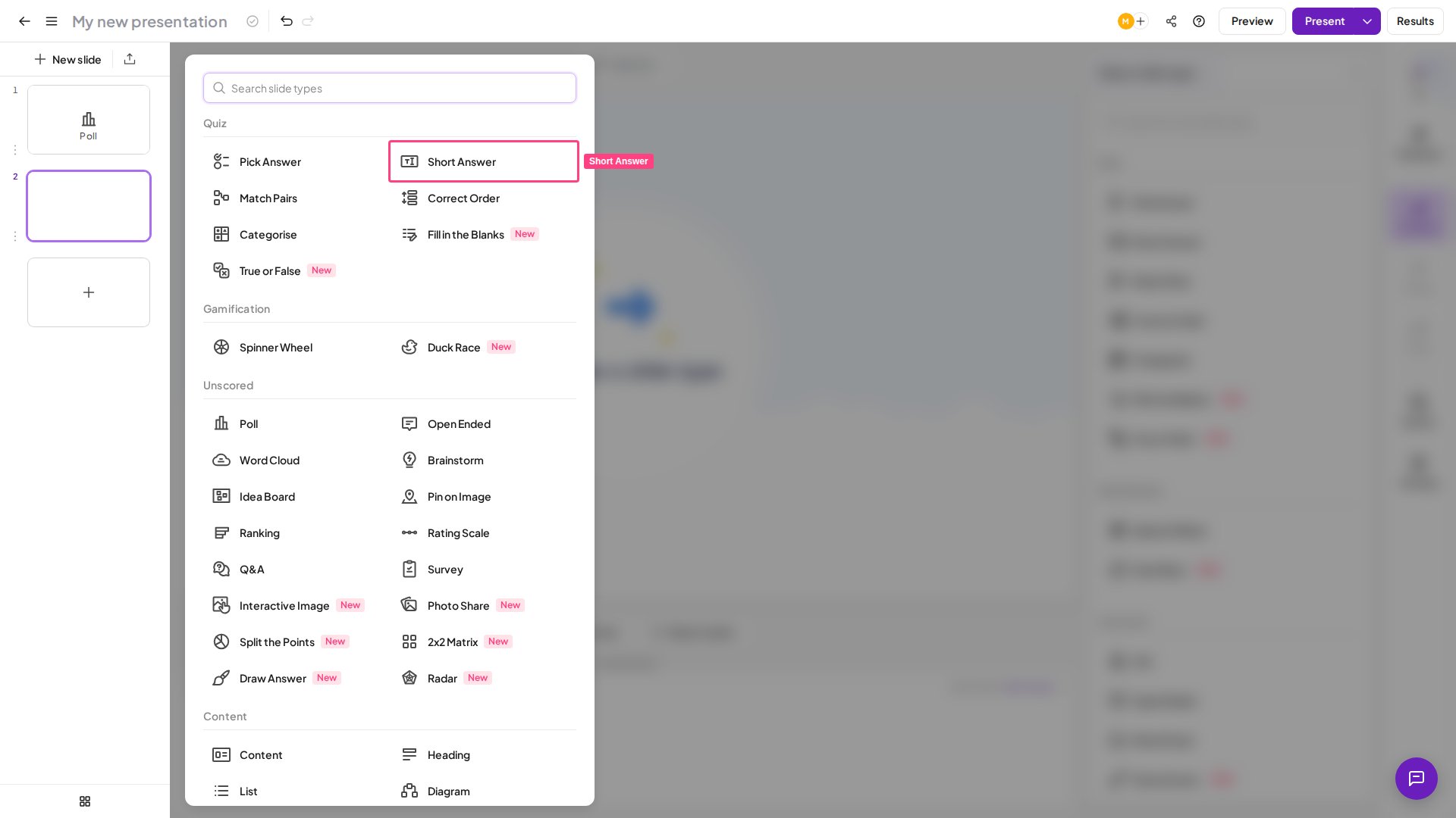 Tipo de diapositiva Short Answer de AhaSlides resaltado en el selector de tipos de diapositiva