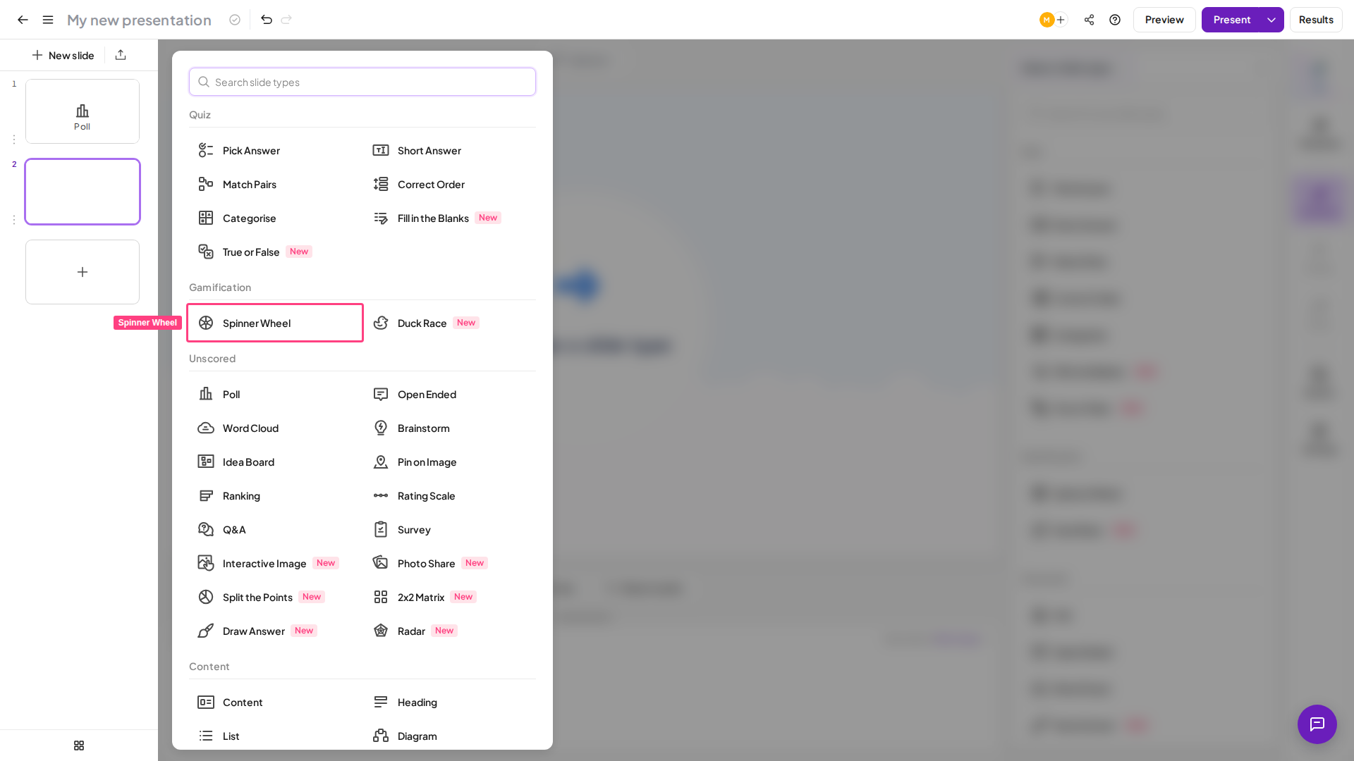 El tipo de diapositiva Spinner Wheel de AhaSlides resaltado en el selector de tipos de diapositiva