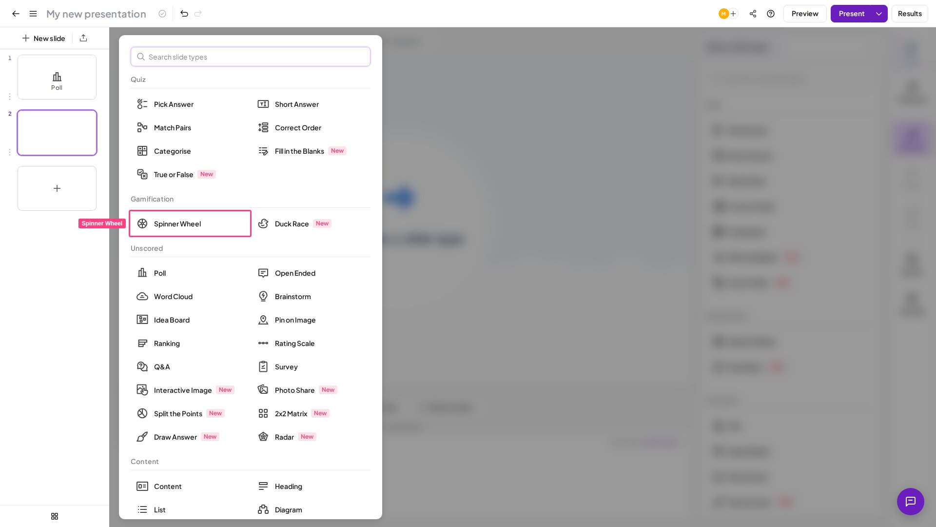 El tipo de diapositiva Spinner Wheel de AhaSlides resaltado en el selector de tipos de diapositiva