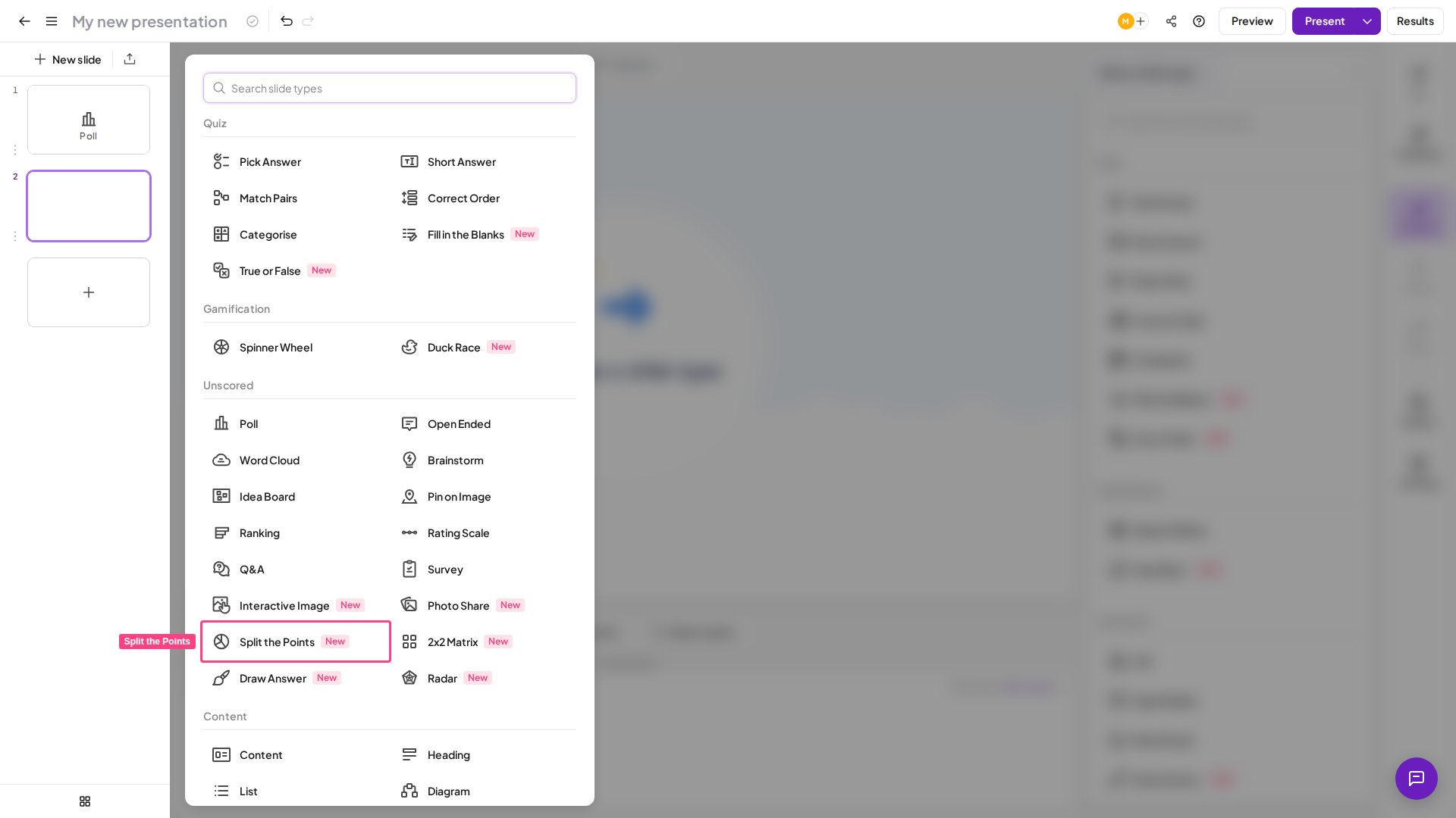 AhaSlides Split the Points slide type highlighted in the slide type picker
