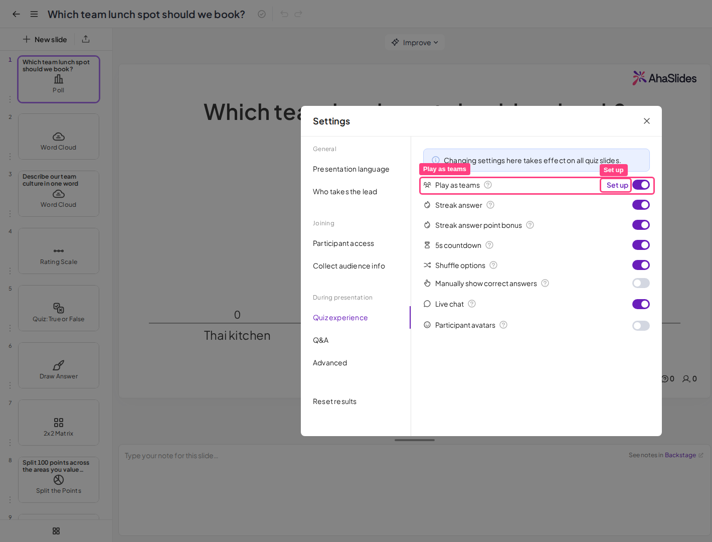 L'onglet Expérience du quiz dans les paramètres d'AhaSlides, avec Jouer en équipes activé pour lancer un quiz par équipes