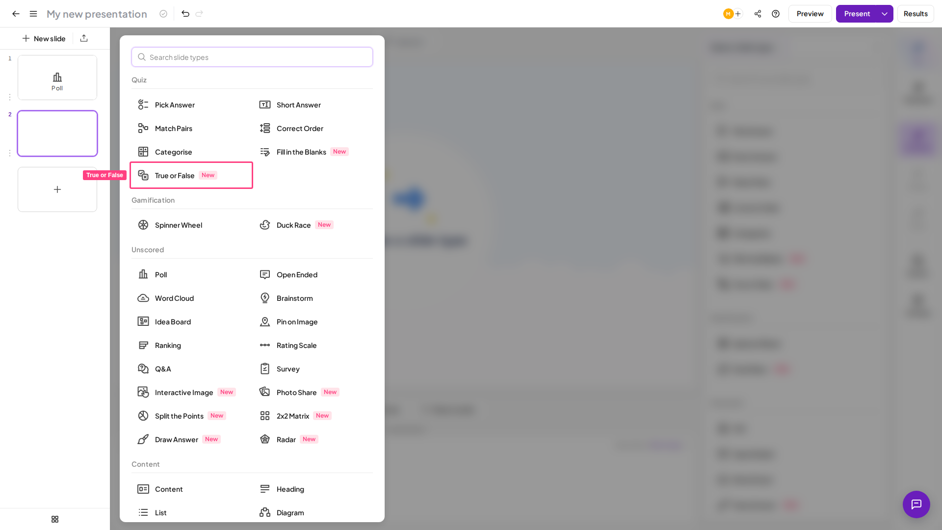 AhaSlides True or False quiz slide type highlighted in the slide type picker