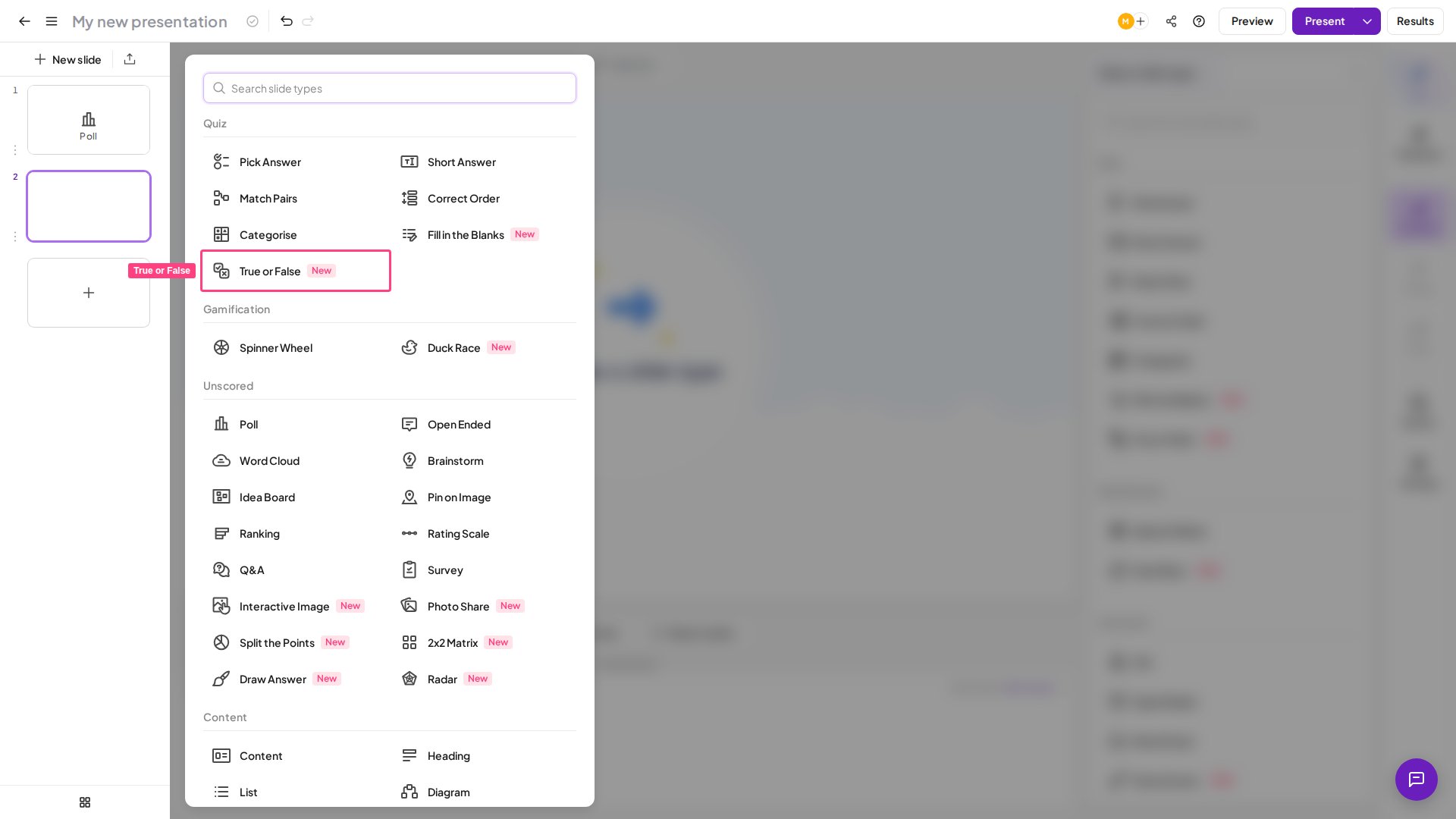 AhaSlides True or False quiz slide type highlighted in the slide type picker
