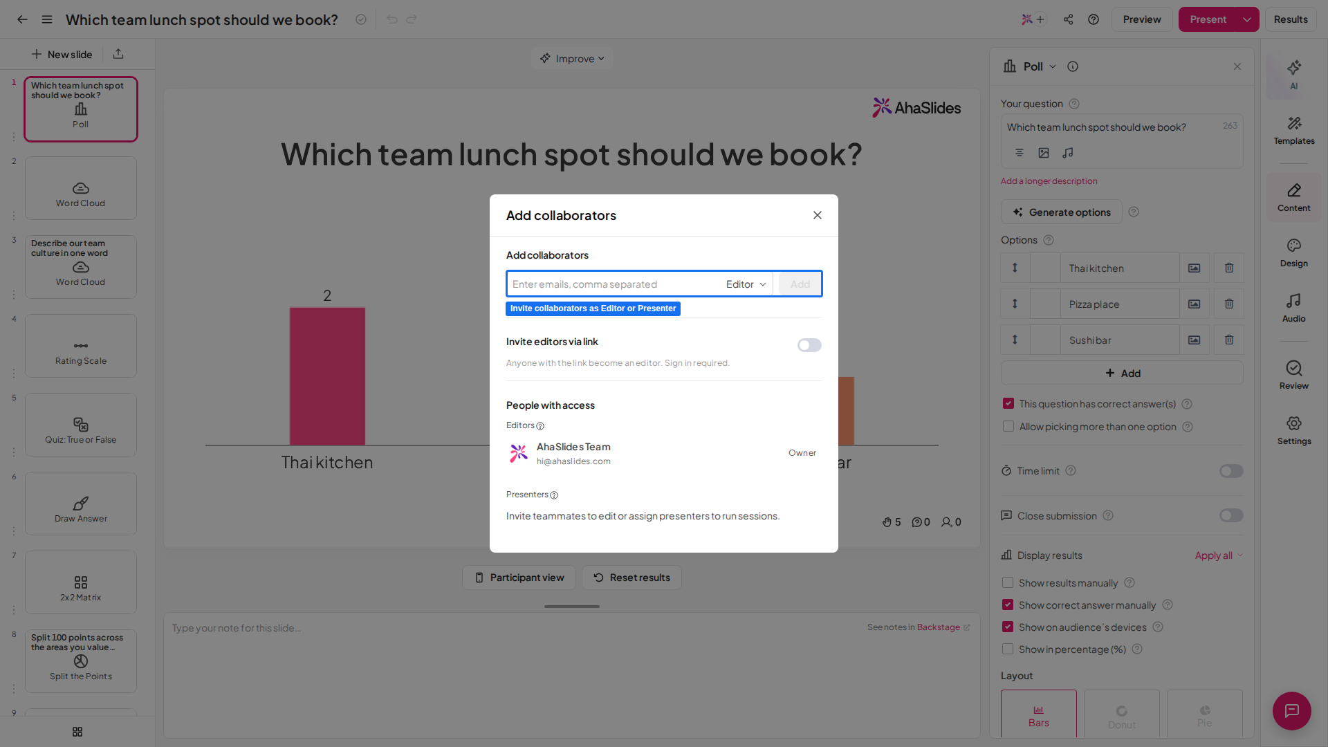 A caixa de diálogo Adicionar colaboradores do AhaSlides, com o campo de e-mail e o seletor de função Editor ou Apresentador em destaque