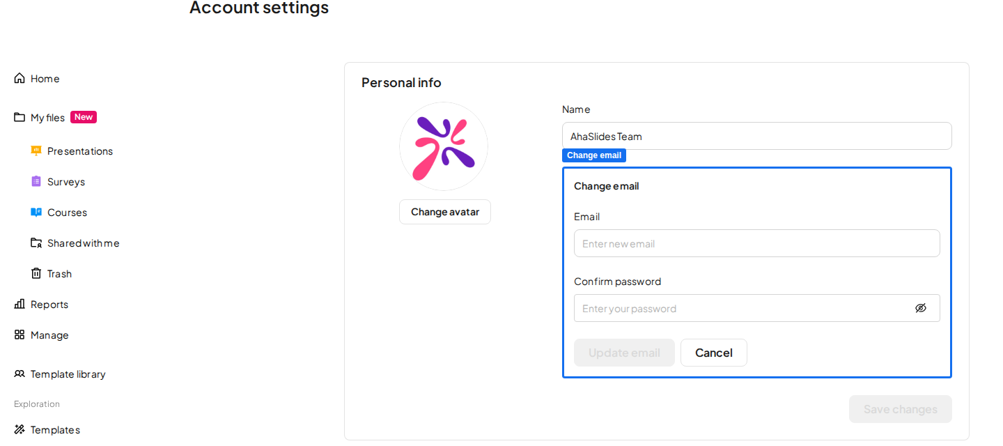 The Change email form in AhaSlides Account settings, with the Email and Confirm password fields highlighted