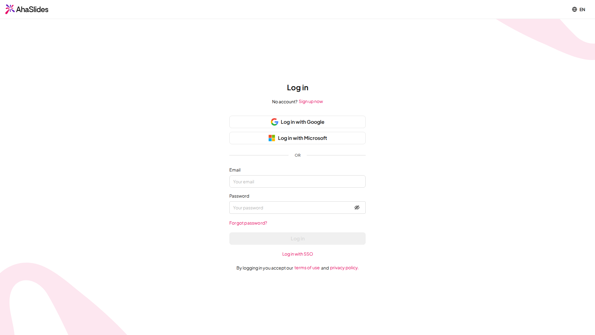 La pagina di iscrizione di AhaSlides con le opzioni Sign up with Google, Sign up with Microsoft, e-mail e password e SSO
