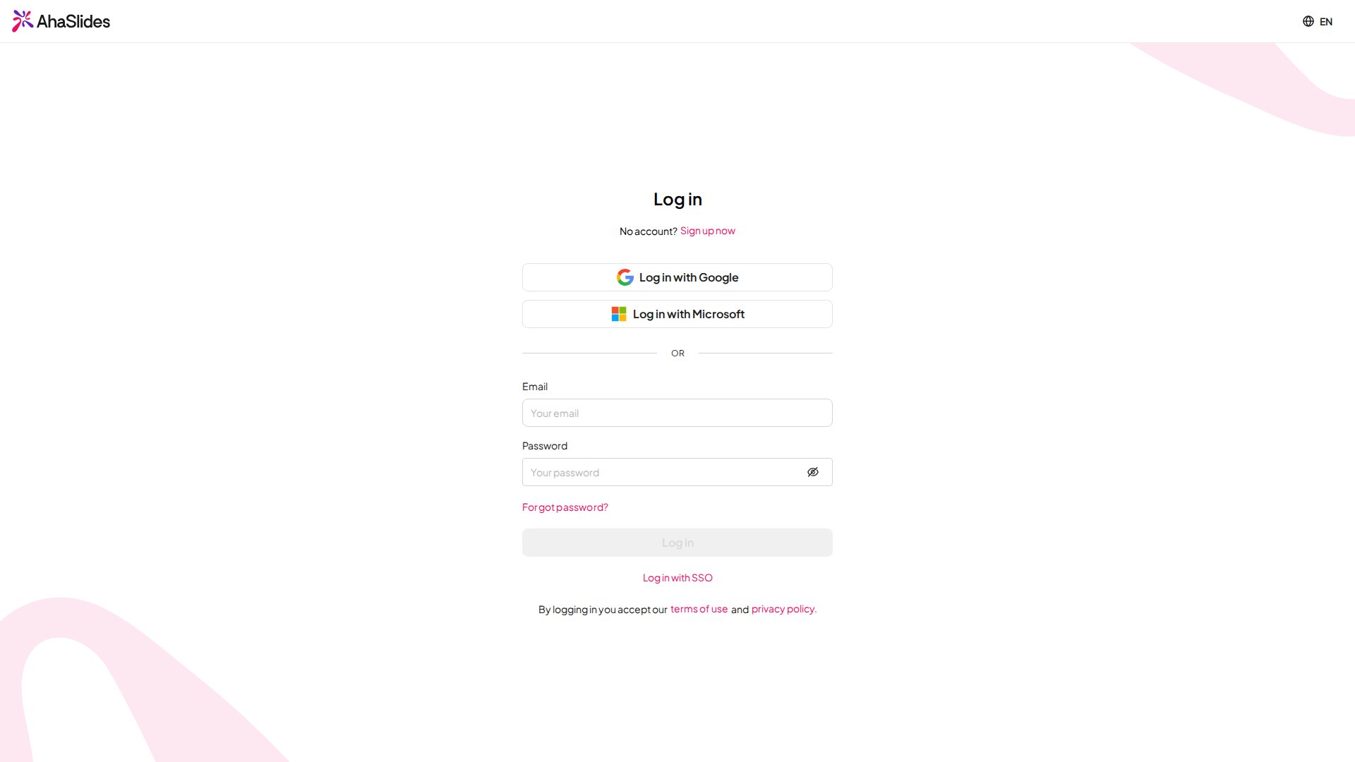 Die Registrierungsseite von AhaSlides mit den Optionen „Sign up with Google“, „Sign up with Microsoft“, E-Mail und Passwort sowie SSO