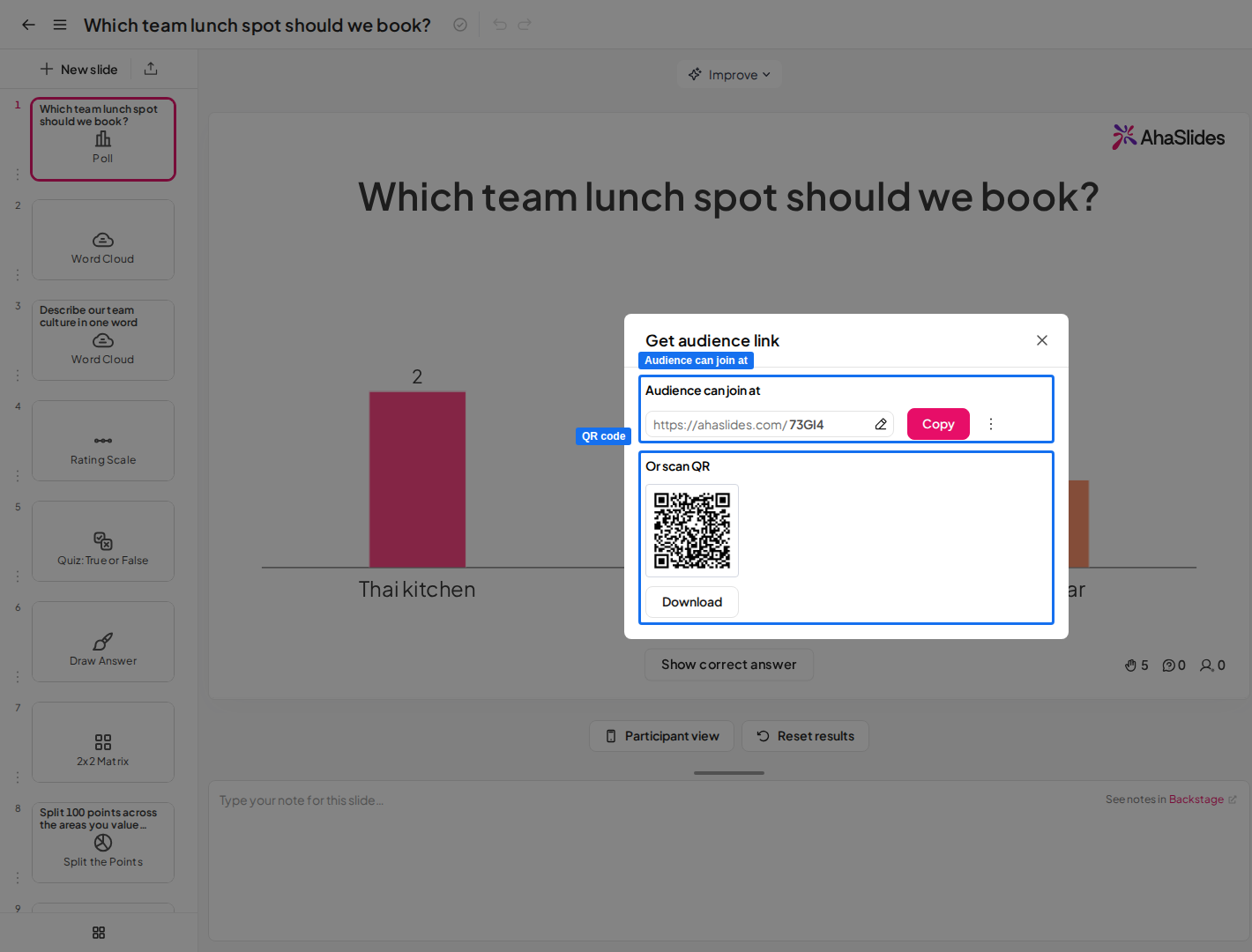 La finestra Ottieni link per il pubblico di AhaSlides con il link di accesso alla presentazione e il relativo codice QR