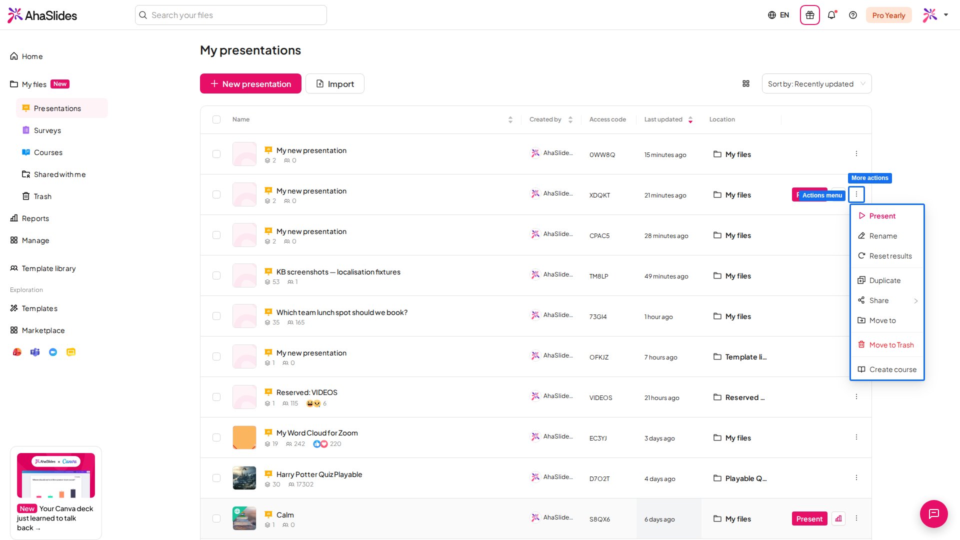 Die AhaSlides-Liste Meine Präsentationen mit geöffnetem Menü weiterer Aktionen einer Präsentation, das Present, Rename und Duplicate auflistet