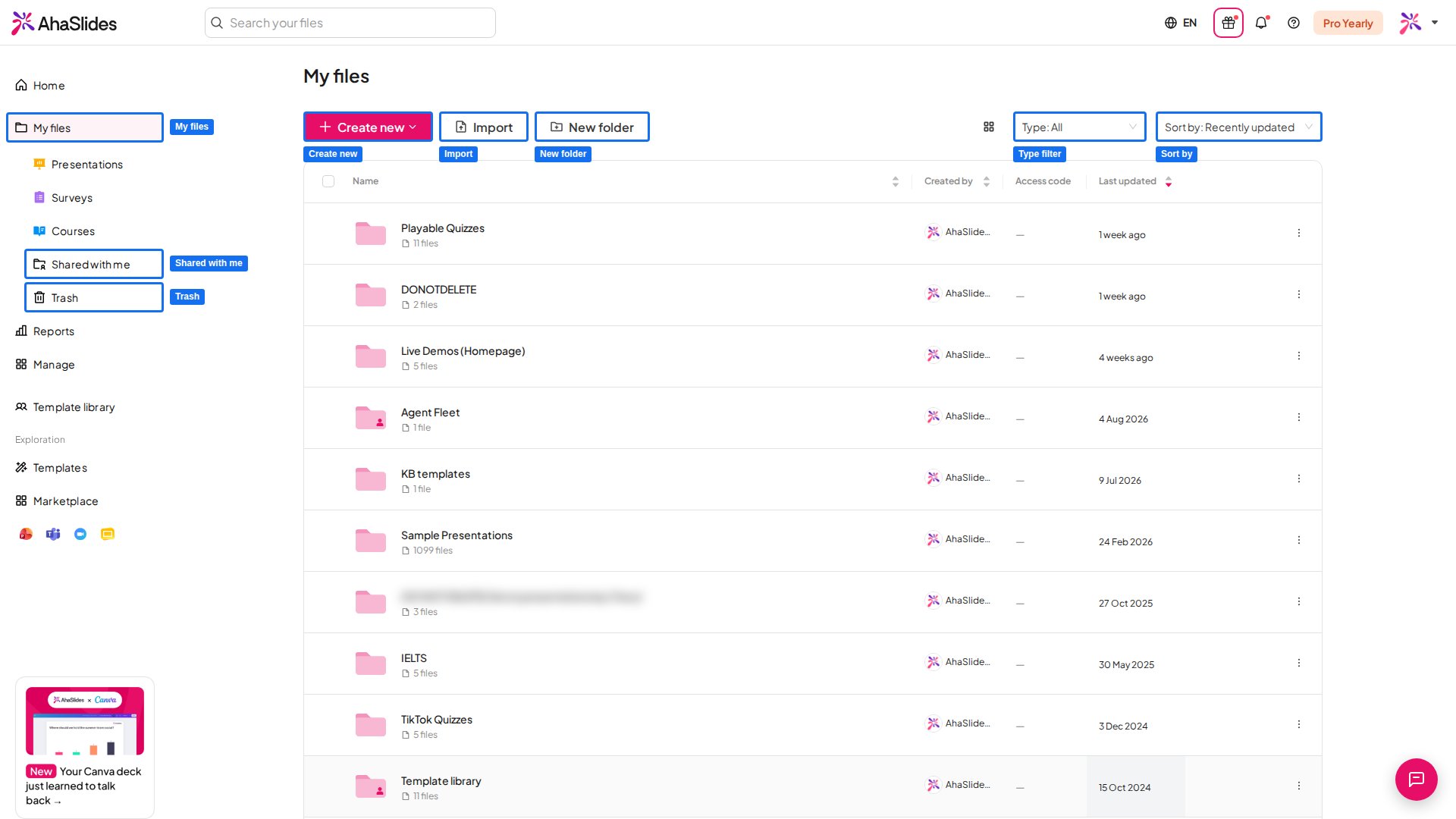 Die AhaSlides-Seite Meine Dateien mit hervorgehobenen Elementen Create new, Importieren, New folder, Filtern, Mit mir geteilt und Papierkorb