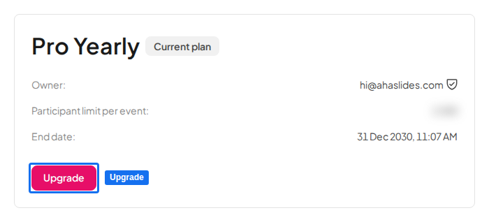 AhaSlides My plan 页面上的当前计划卡片，已高亮显示升级按钮，参与者人数上限已模糊处理