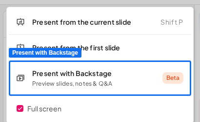 The Present button drop-down menu in the AhaSlides editor with the Present with Backstage option highlighted