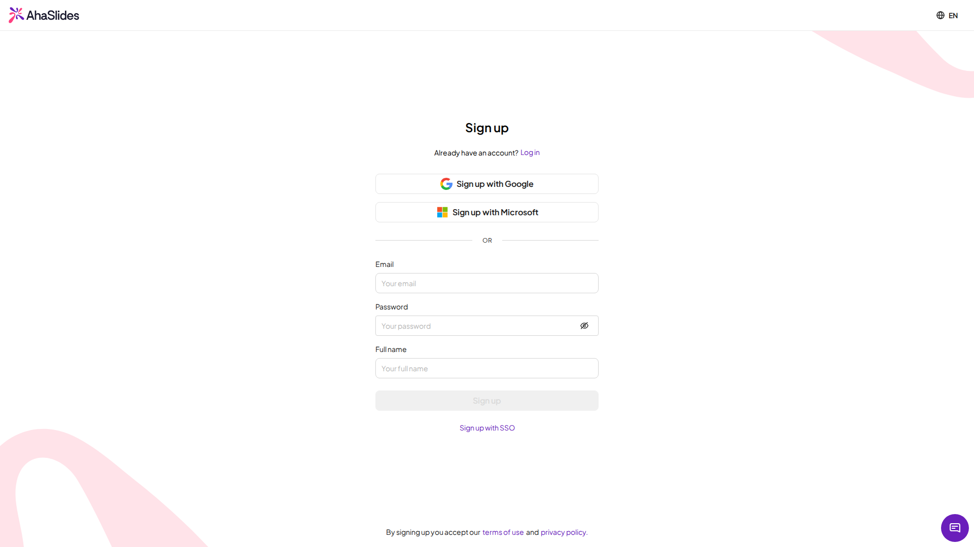 La página de registro de AhaSlides con las opciones Regístrate con Google, Regístrate con Microsoft, correo y contraseña, y SSO