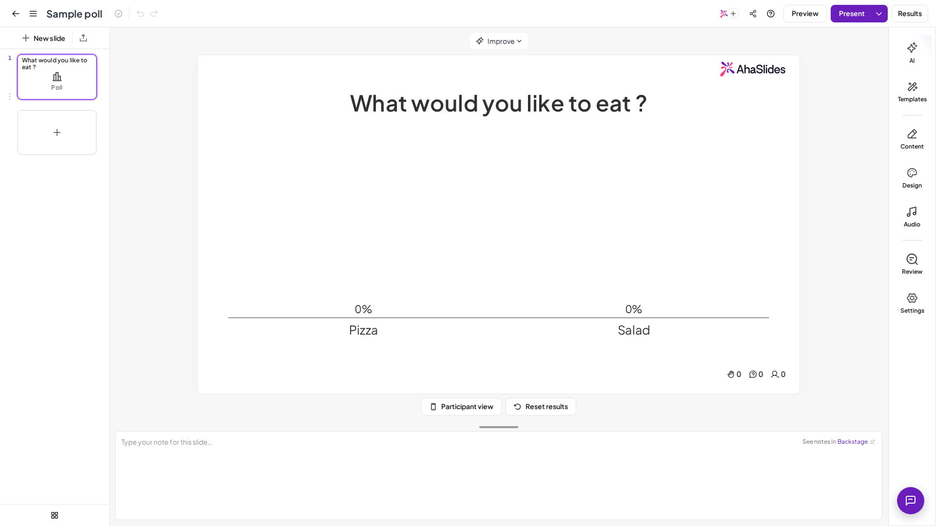 The AhaSlides editor with a Poll slide open, asking What would you like to eat with Pizza and Salad as the options