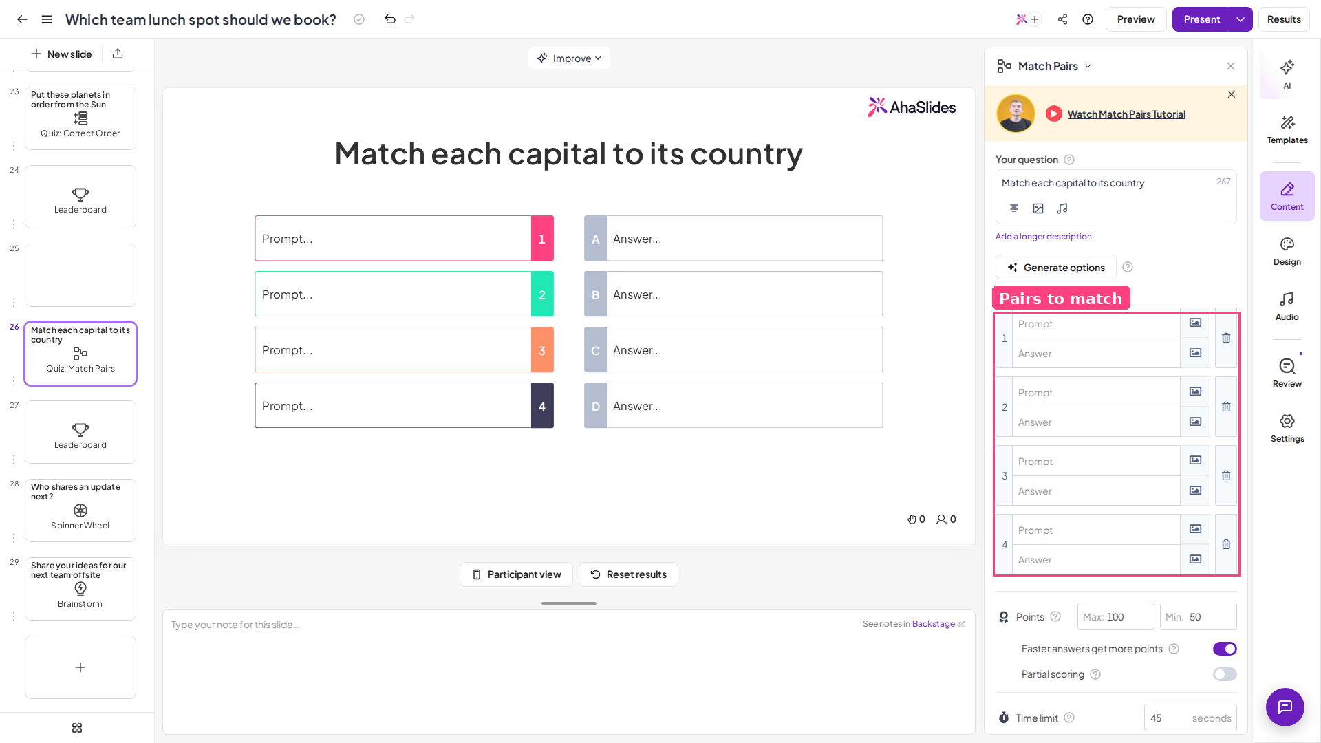 Diapositiva de quiz Match Pairs de AhaSlides en el editor, con las parejas en el panel Contenido