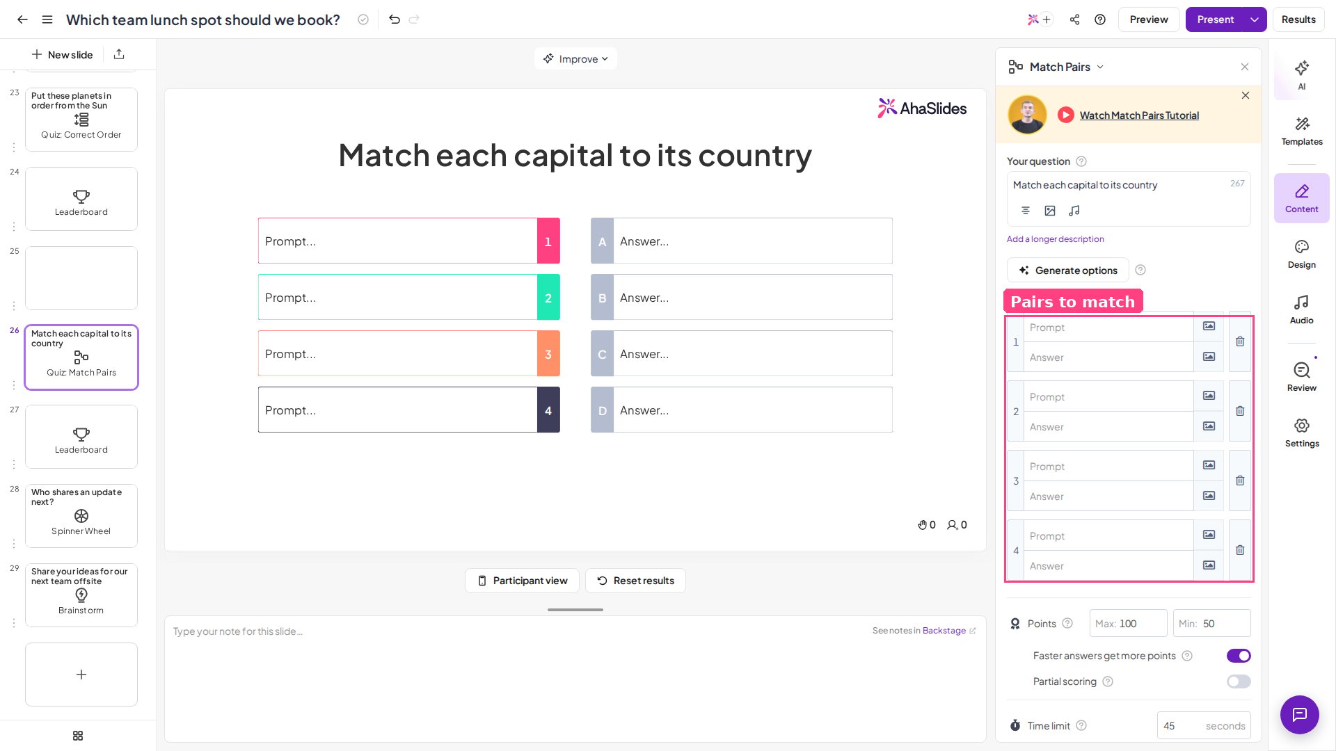 Diapositiva de quiz Match Pairs de AhaSlides en el editor, con las parejas en el panel Contenido