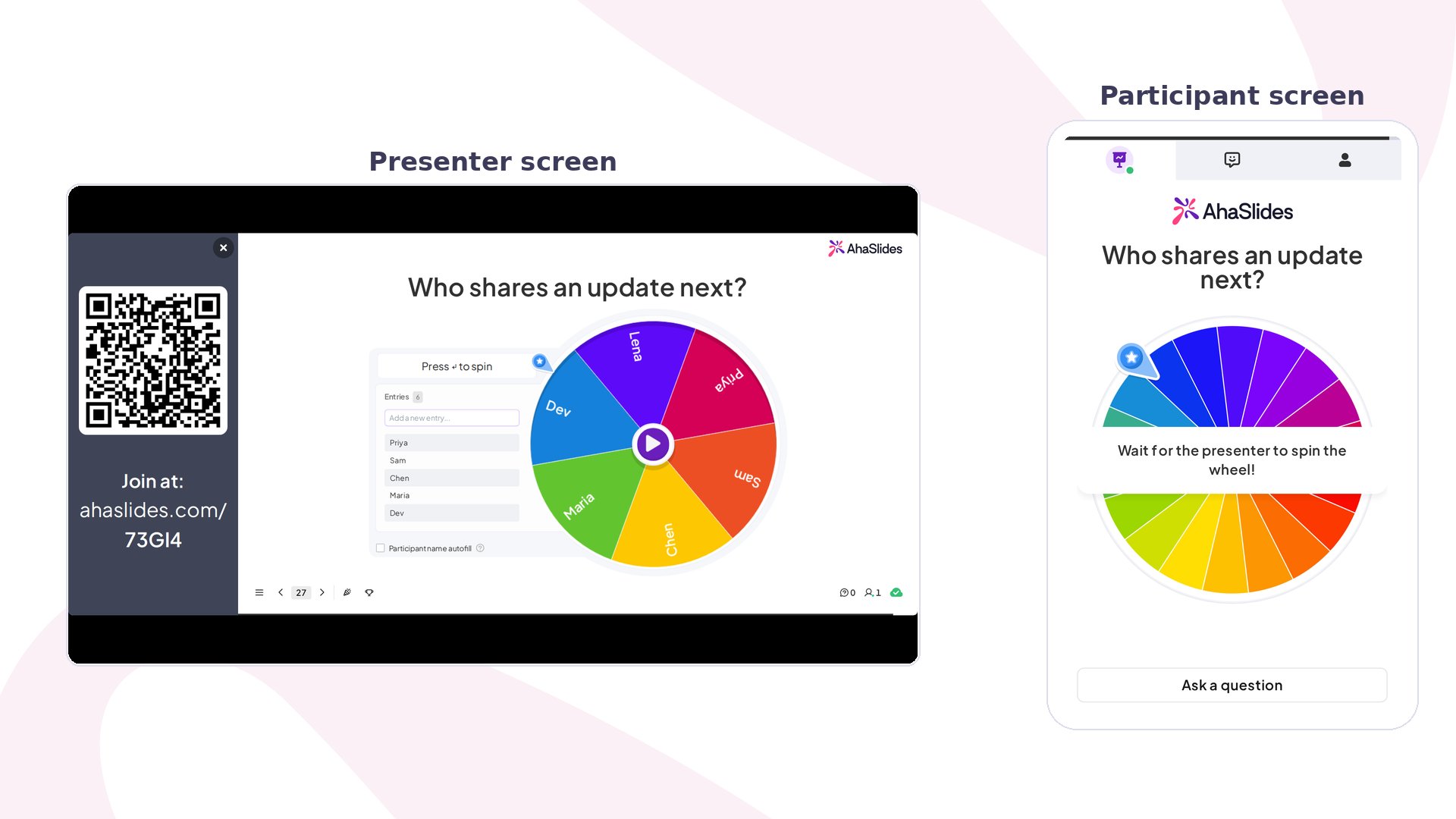 El Spinner Wheel de AhaSlides en vista previa, con la pantalla del presentador junto a la vista del móvil del participante