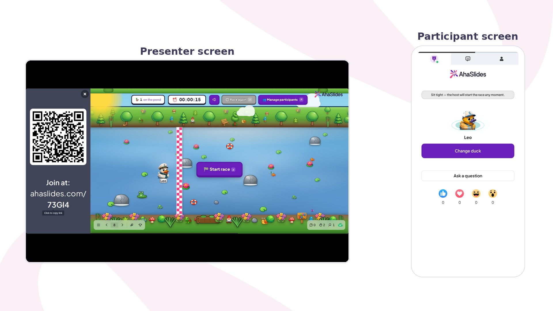 AhaSlides Duck Race slide in preview mode, showing the presenter pond race beside the participant phone view