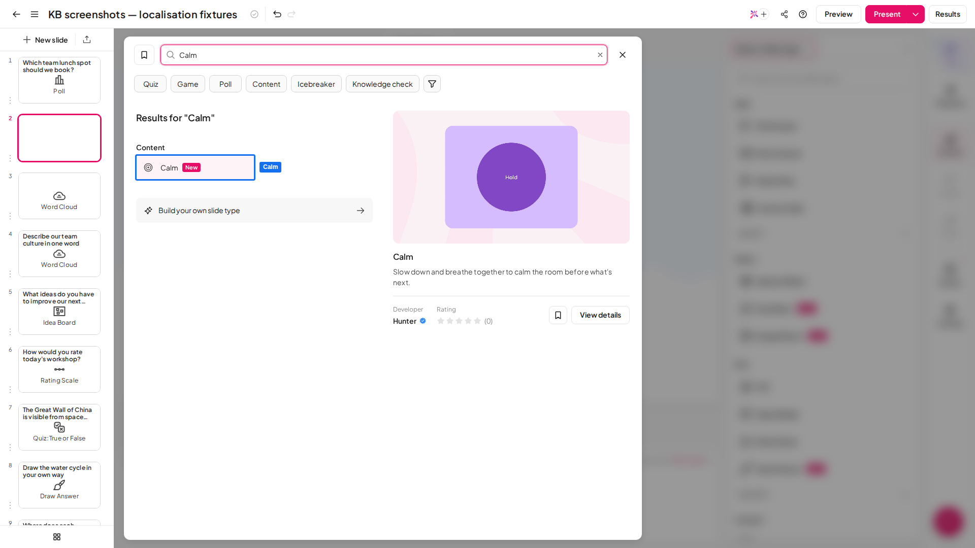 Wybór typu slajdu w AhaSlides z wyróżnionym typem slajdu Calm