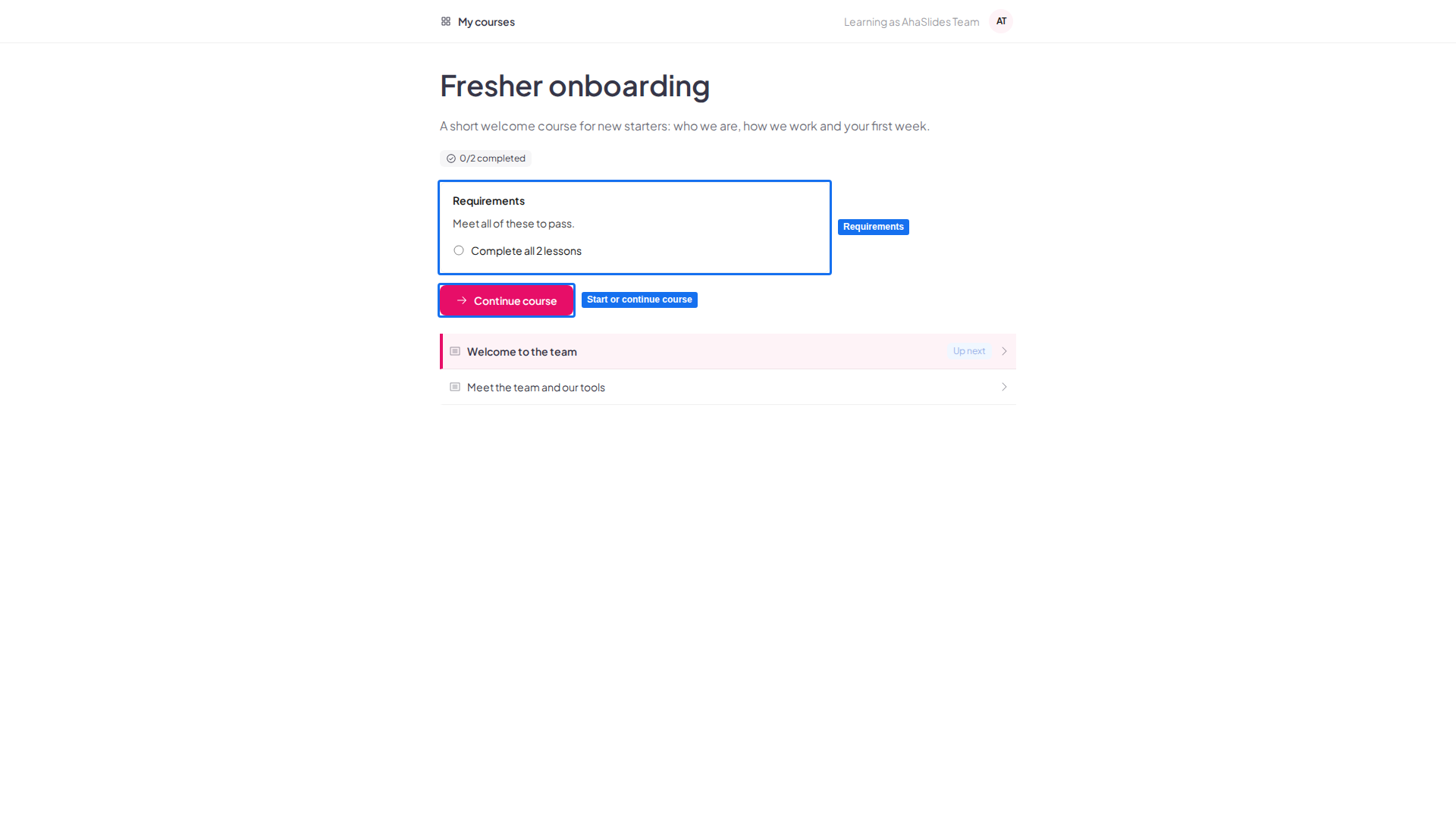 AhaSlides-Kursseite für Lernende mit hervorgehobener Schaltfläche „Start course“ und hervorgehobenem Bereich „Requirements“