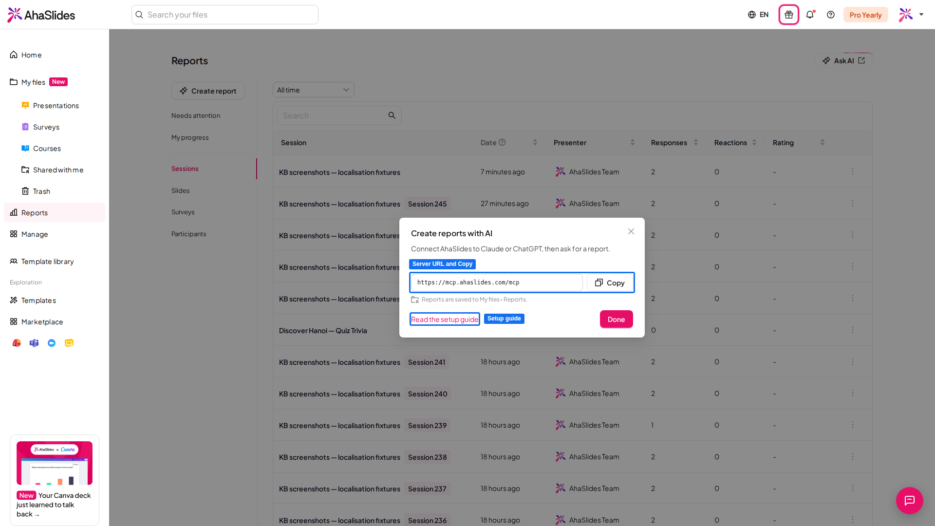 서버 URL, Copy 버튼, 설정 가이드 링크가 강조 표시된 보고서 페이지의 AhaSlides Create reports with AI 창
