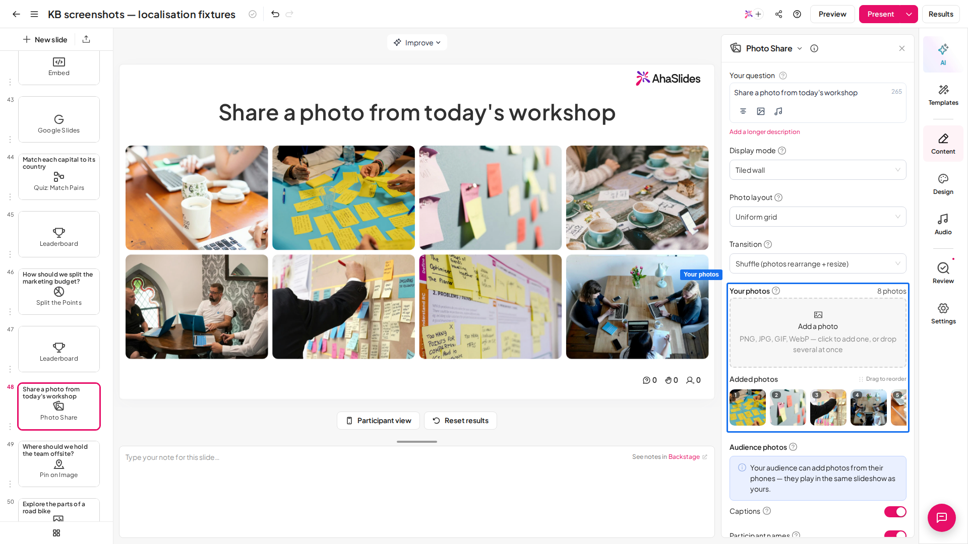 Die Photo Share-Folie von AhaSlides im Editor, mit acht unter Your photos hinzugefügten Fotos, die auf der Fläche als Kachelwand angezeigt werden