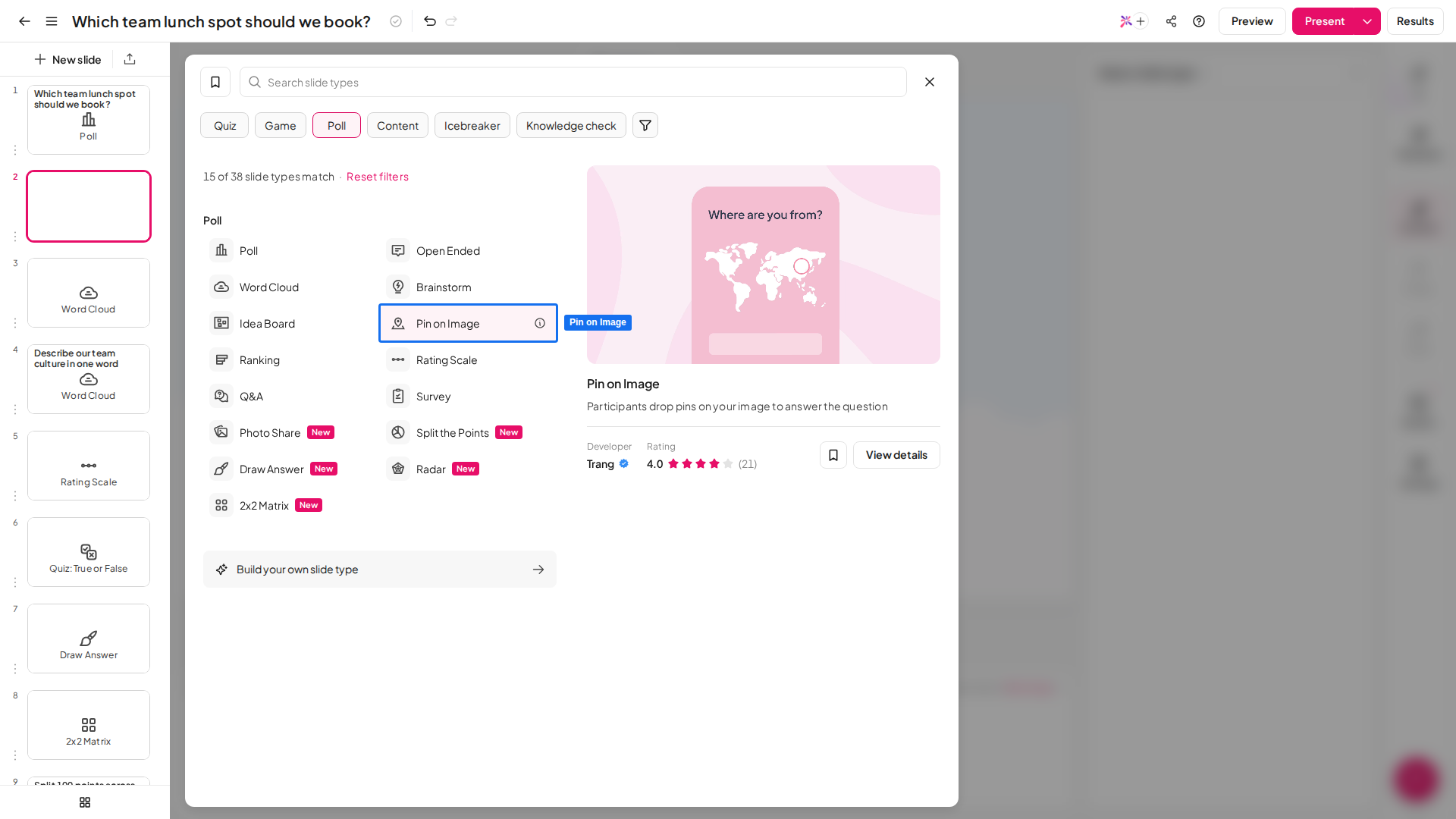 Het diatype AhaSlides Pin on Image gemarkeerd in de diatypekiezer