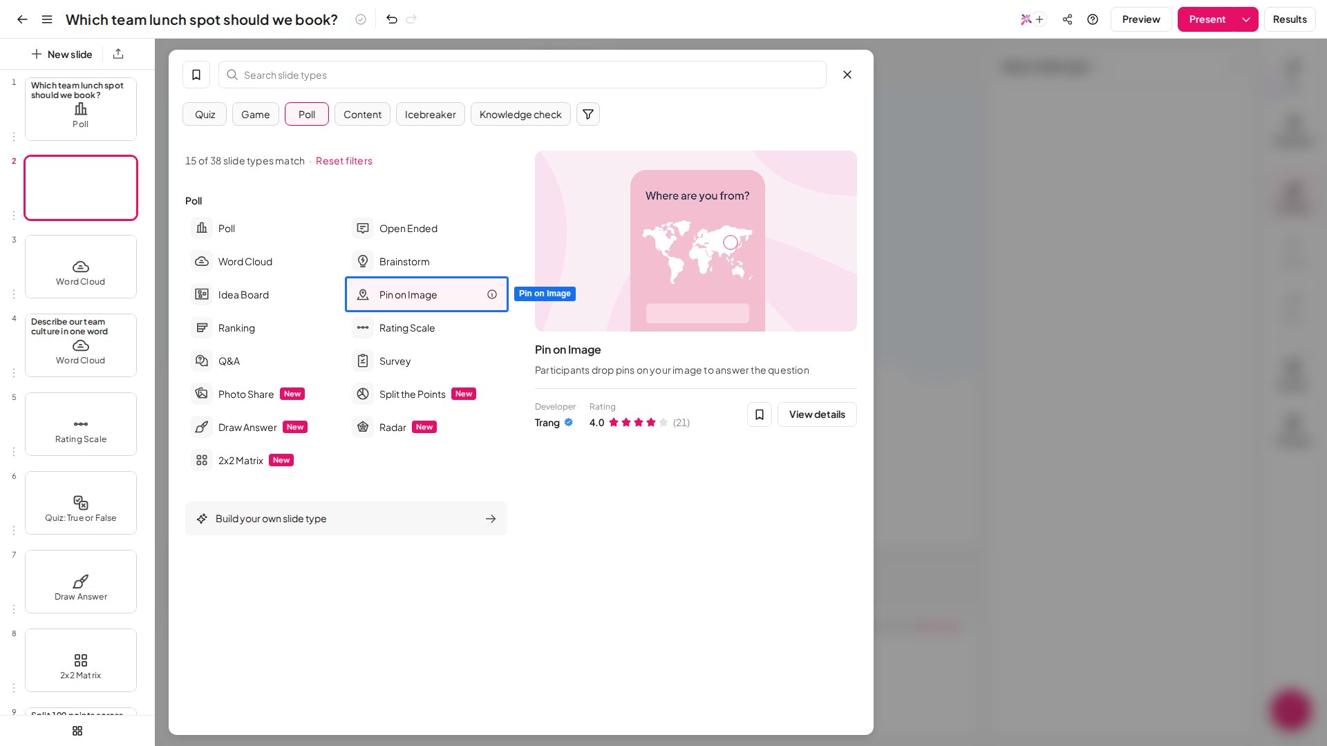 Het diatype AhaSlides Pin on Image gemarkeerd in de diatypekiezer