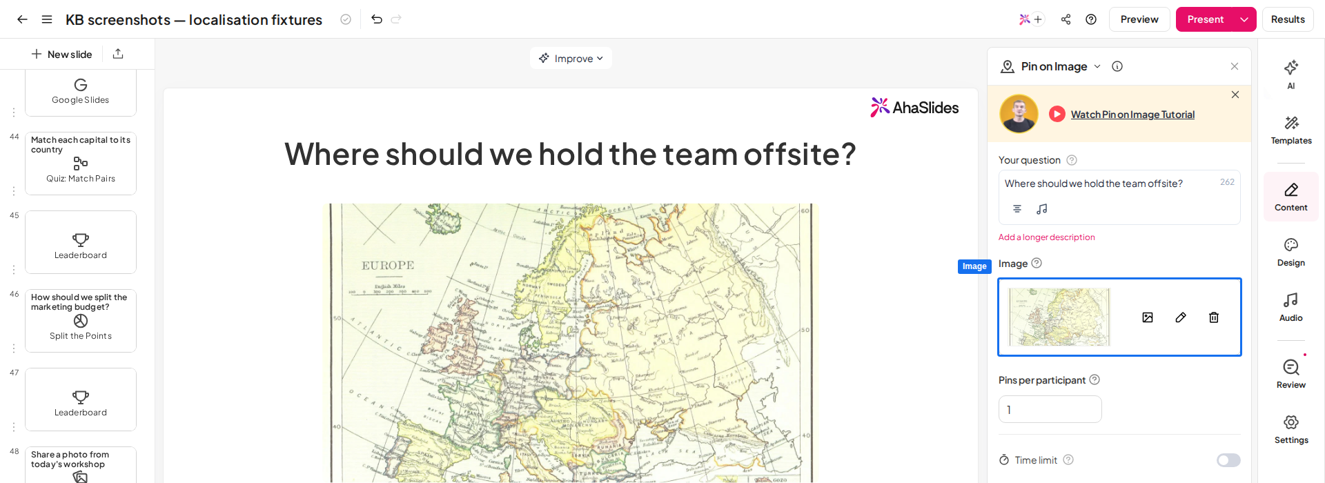 Een Pin on Image-dia in de AhaSlides-editor met een kaart van Europa geüpload en de instelling Afbeelding gemarkeerd