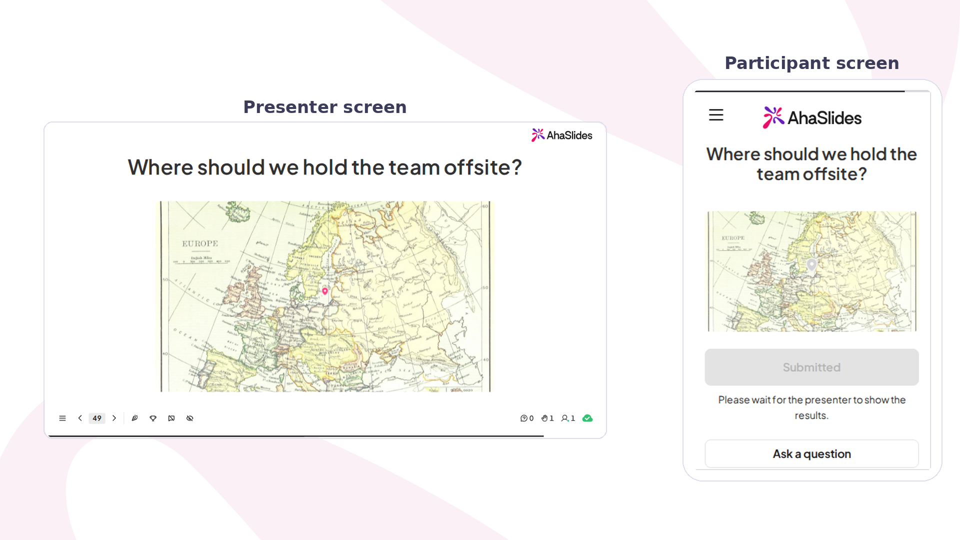 Een AhaSlides Pin on Image-dia in de voorbeeldmodus, met het scherm van de presentator naast de telefoonweergave van de deelnemer