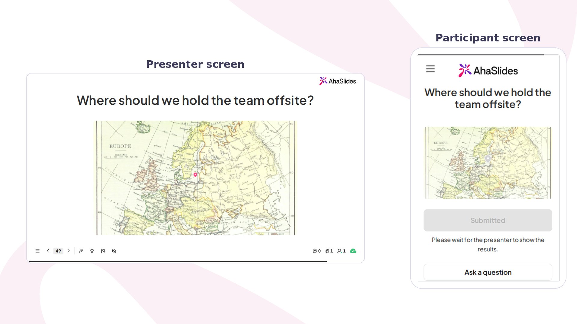 Een AhaSlides Pin on Image-dia in de voorbeeldmodus, met het scherm van de presentator naast de telefoonweergave van de deelnemer