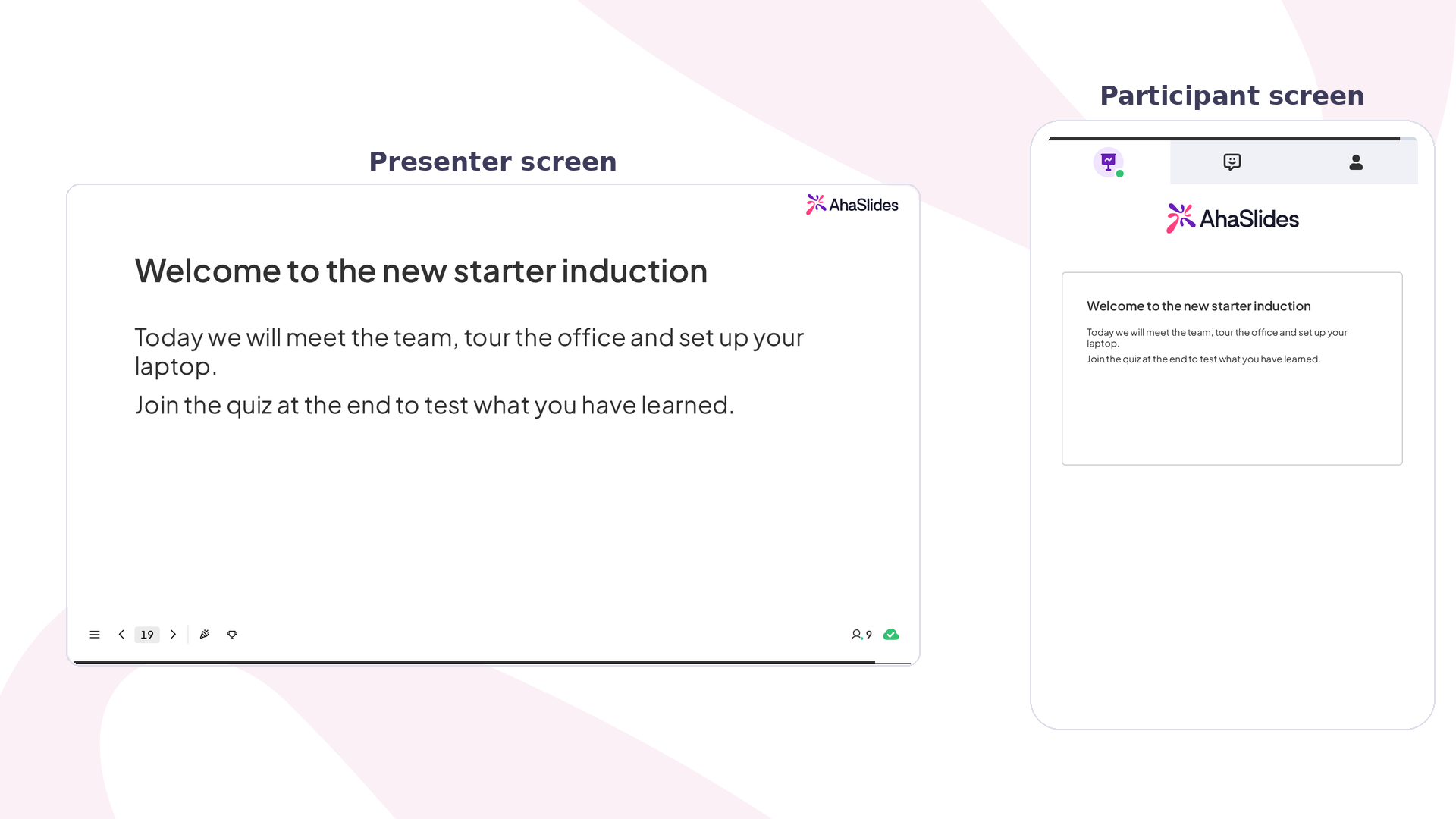 Diapositiva Content de AhaSlides en la presentación: encabezado y texto en la pantalla del presentador, reflejados en el móvil de un participante