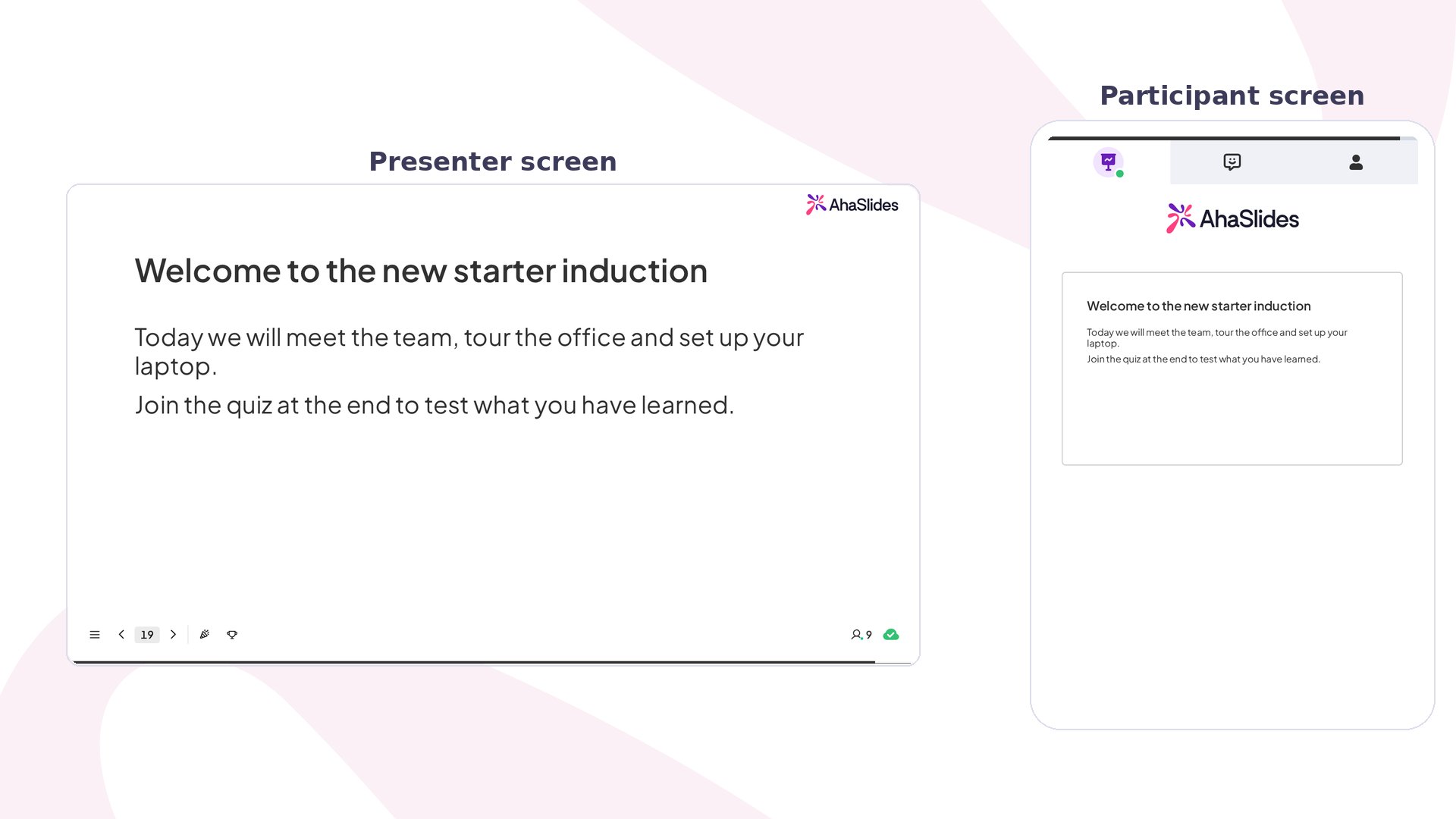 Diapositiva Content de AhaSlides en la presentación: encabezado y texto en la pantalla del presentador, reflejados en el móvil de un participante